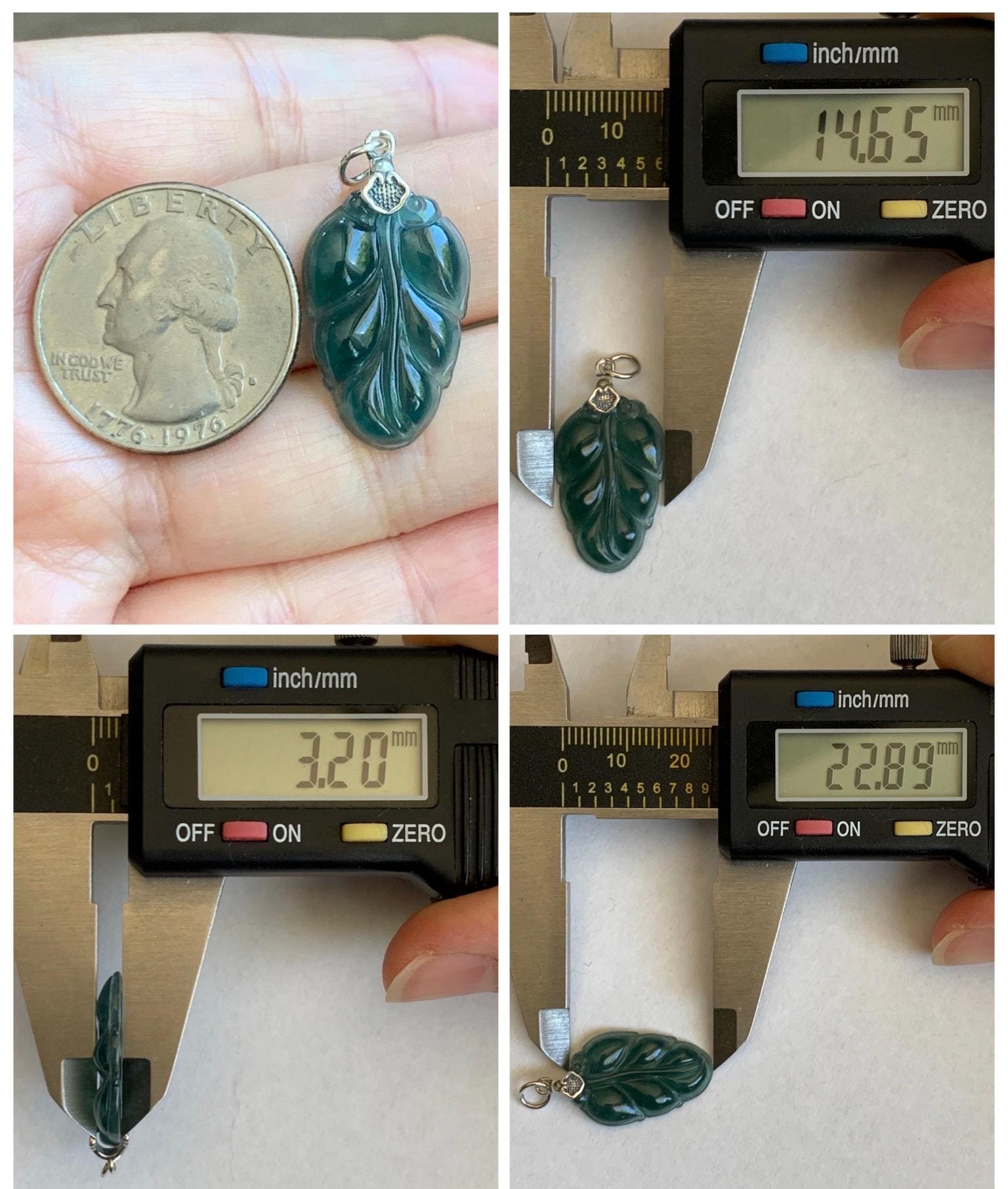 Natural Grade A Guatemalan Icy Translucent Dark Teal Green Jade Jadeite Carved Leaf Small Pendant Sterling Silver 天然冰胶危深蓝翡翠大叶有成银镶吊坠 WLD55E