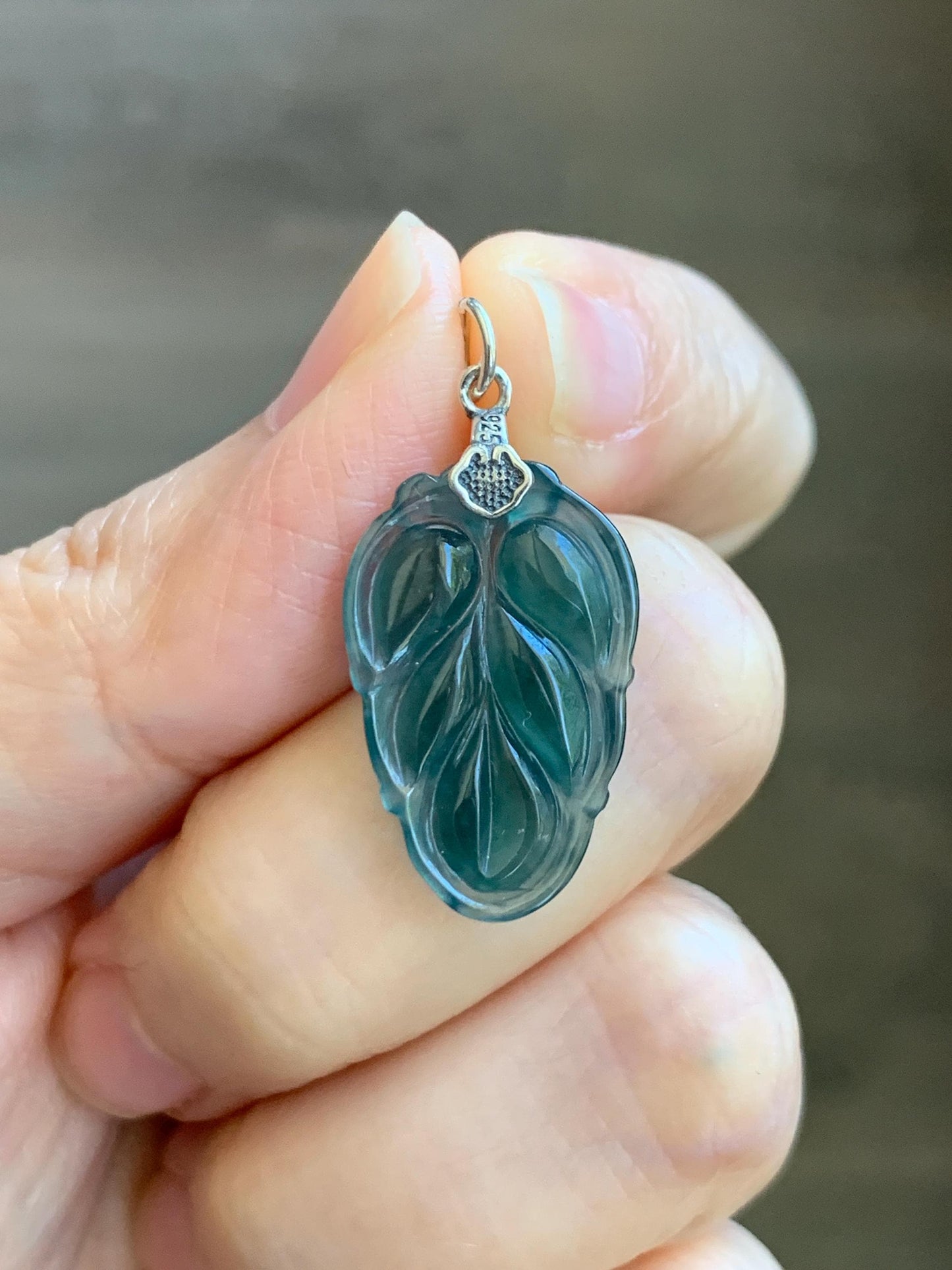 Natural Grade A Guatemalan Icy Translucent Dark Teal Green Jade Jadeite Carved Leaf Small Pendant Sterling Silver 天然冰胶危深蓝翡翠大叶有成银镶吊坠 WLD55E