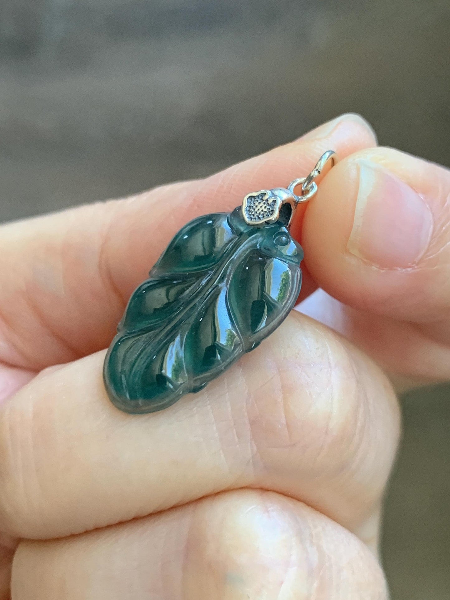 Natural Grade A Guatemalan Icy Translucent Dark Teal Green Jade Jadeite Carved Leaf Small Pendant Sterling Silver 天然冰胶危深蓝翡翠大叶有成银镶吊坠 WLD55E