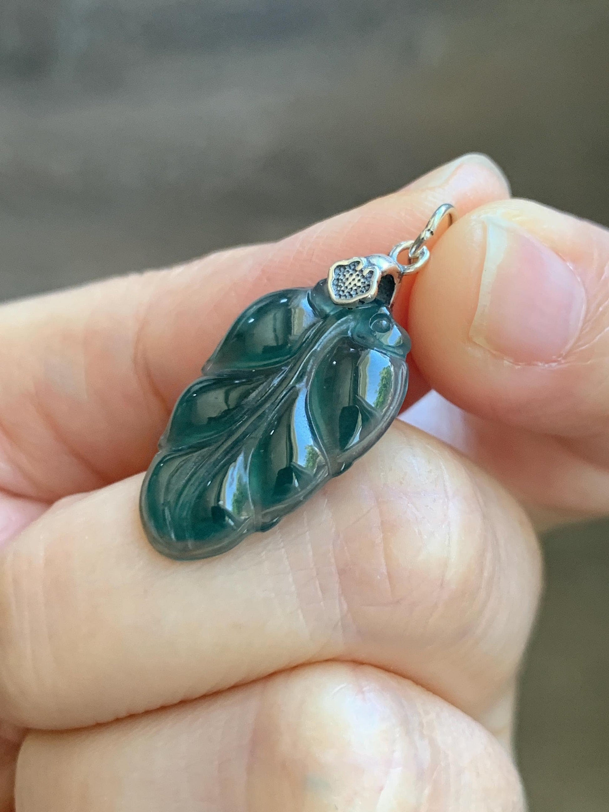 Natural Grade A Guatemalan Icy Translucent Dark Teal Green Jade Jadeite Carved Leaf Small Pendant Sterling Silver 天然冰胶危深蓝翡翠大叶有成银镶吊坠 WLD55E