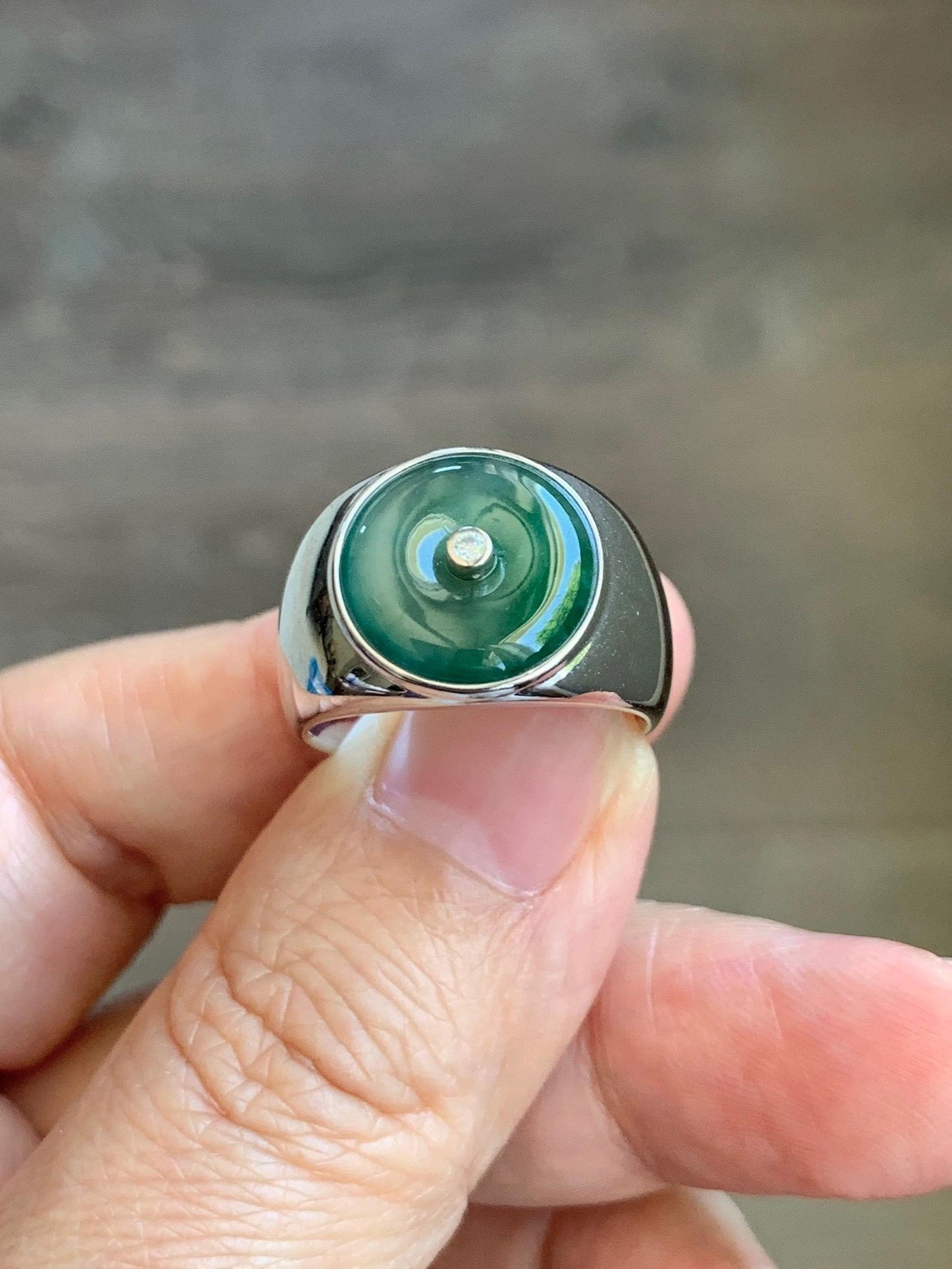 Certified Natural Grade A Icy Translucent Green Marbled Jade Jadeite Donut Ping An Kou Ring Sterling Silver Size 7.25 US 天然冰飘绿翡翠平安扣银镶戒指 237
