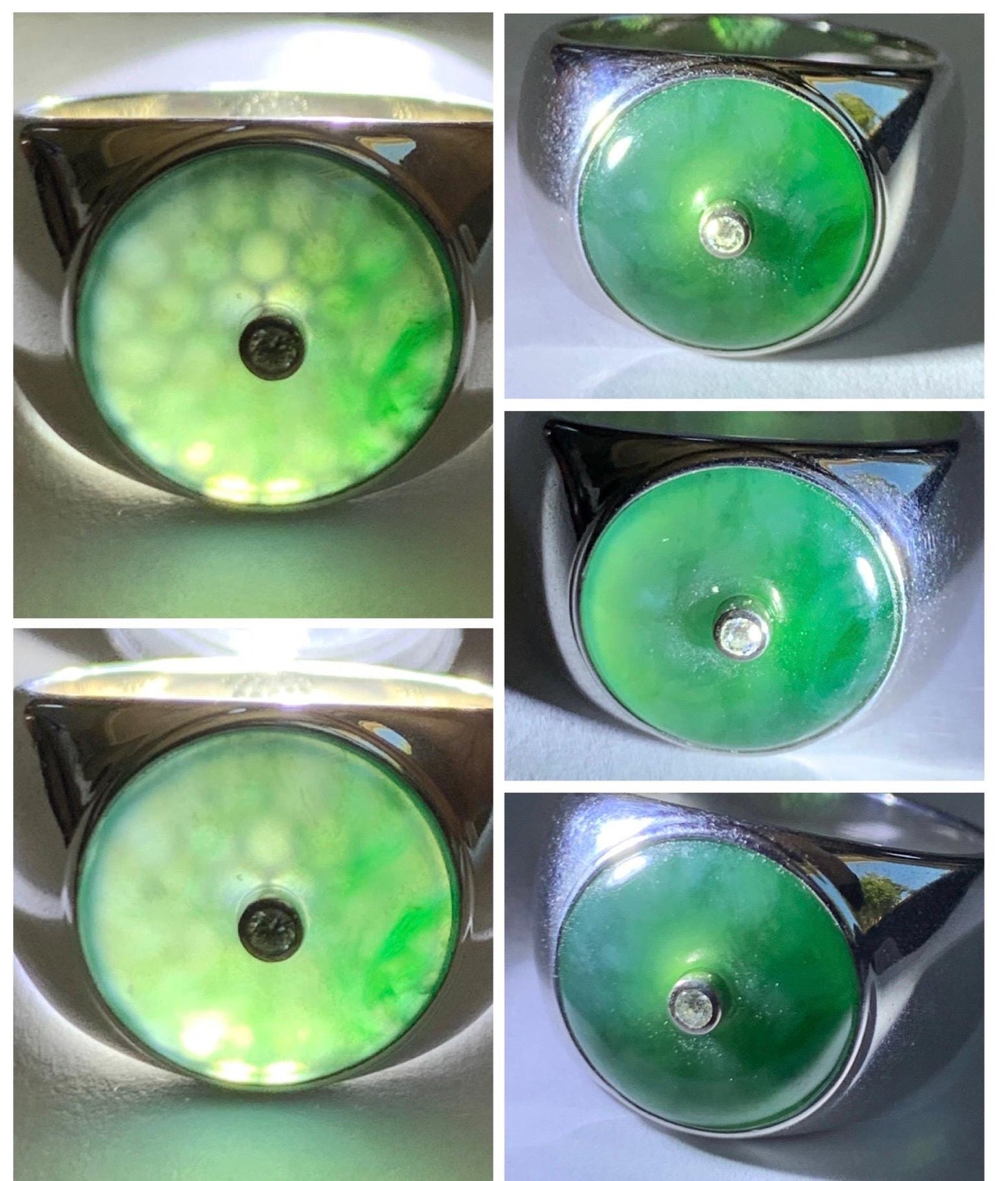 Certified Natural Grade A Icy Translucent Green Marbled Jade Jadeite Donut Ping An Kou Ring Sterling Silver Size 7.25 US 天然冰飘绿翡翠平安扣银镶戒指 237