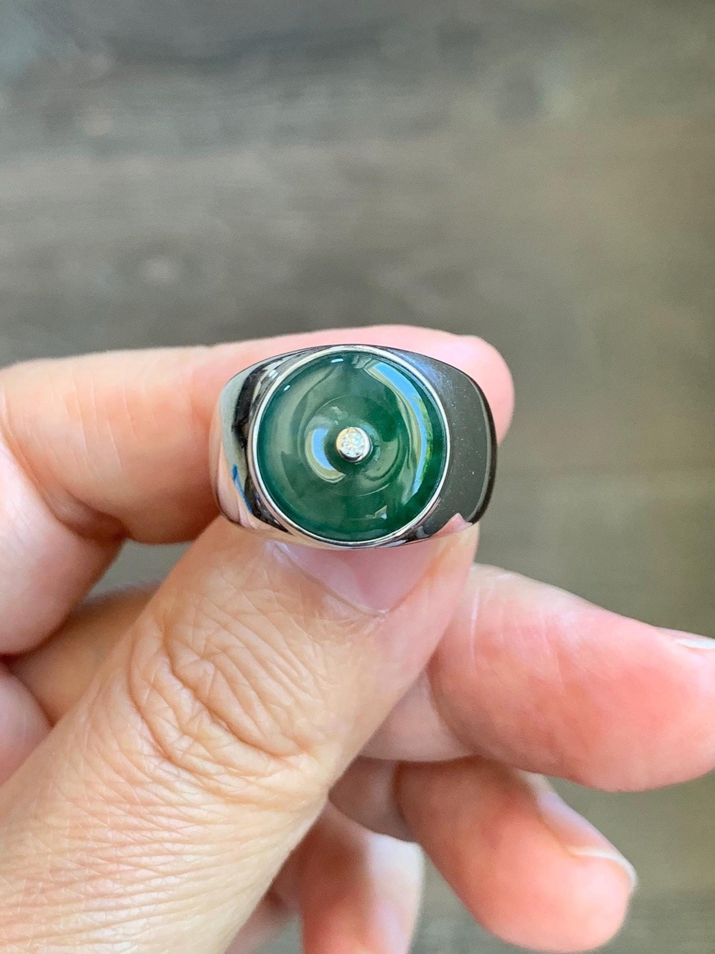 Certified Natural Grade A Icy Translucent Green Marbled Jade Jadeite Donut Ping An Kou Ring Sterling Silver Size 7.25 US 天然冰飘绿翡翠平安扣银镶戒指 237