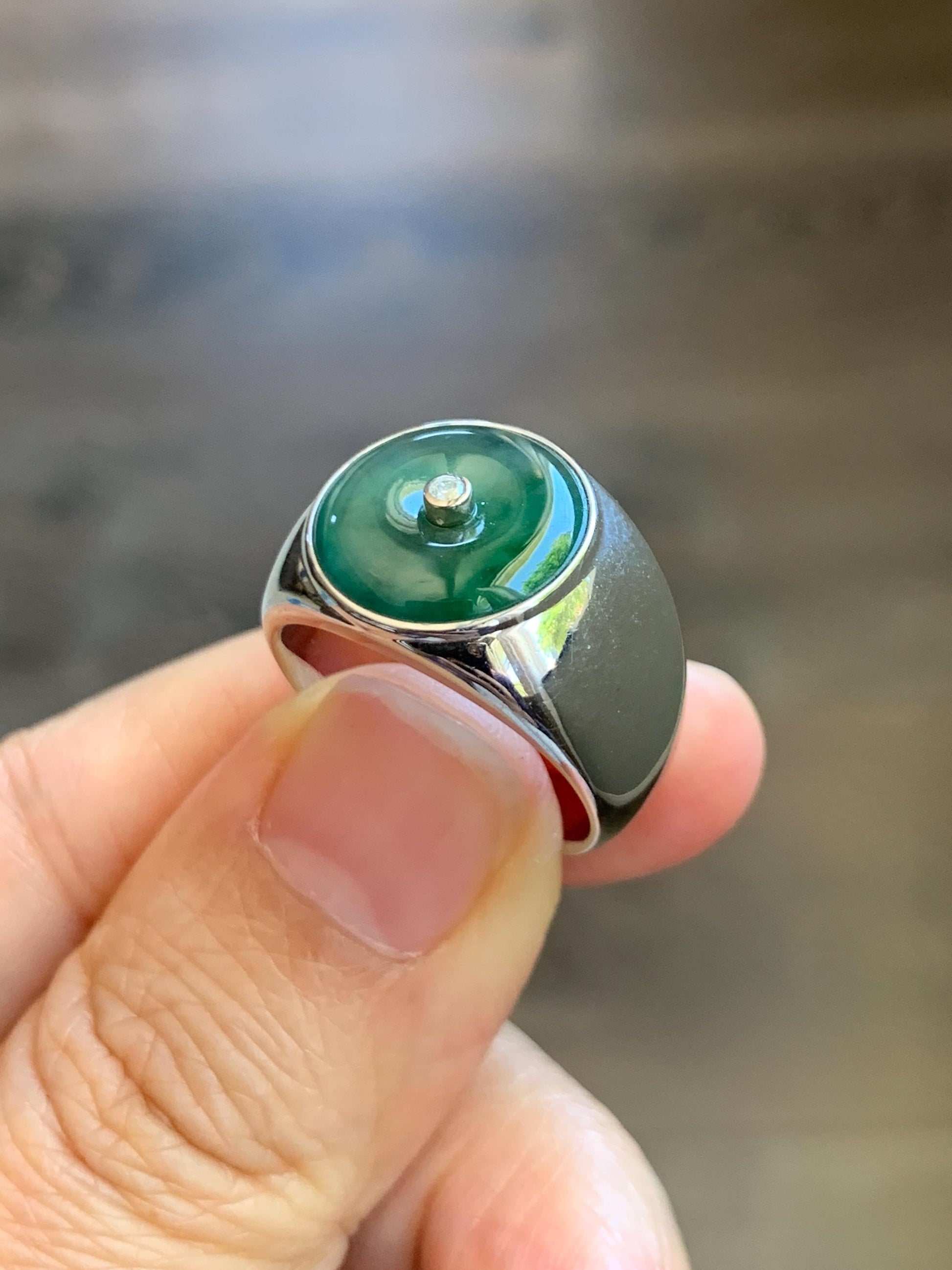 Certified Natural Grade A Icy Translucent Green Marbled Jade Jadeite Donut Ping An Kou Ring Sterling Silver Size 7.25 US 天然冰飘绿翡翠平安扣银镶戒指 237