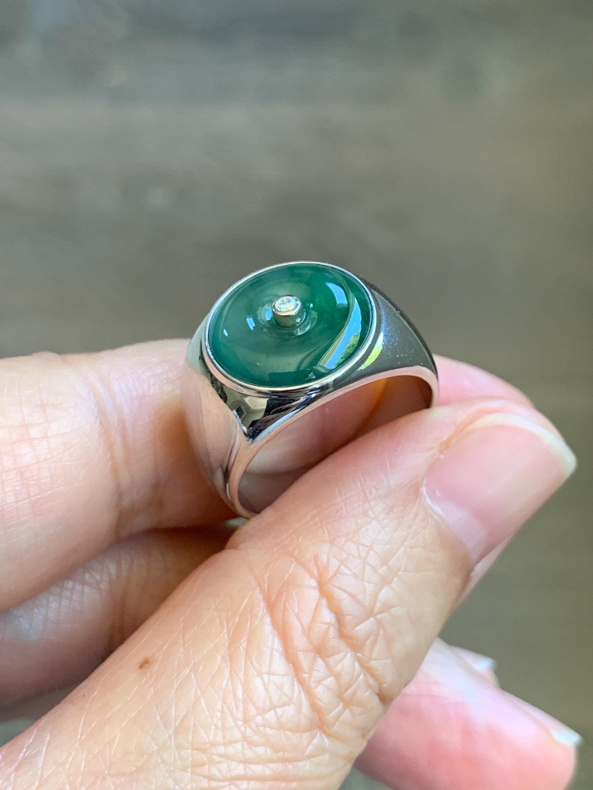 Certified Natural Grade A Icy Translucent Green Marbled Jade Jadeite Donut Ping An Kou Ring Sterling Silver Size 7.25 US 天然冰飘绿翡翠平安扣银镶戒指 237