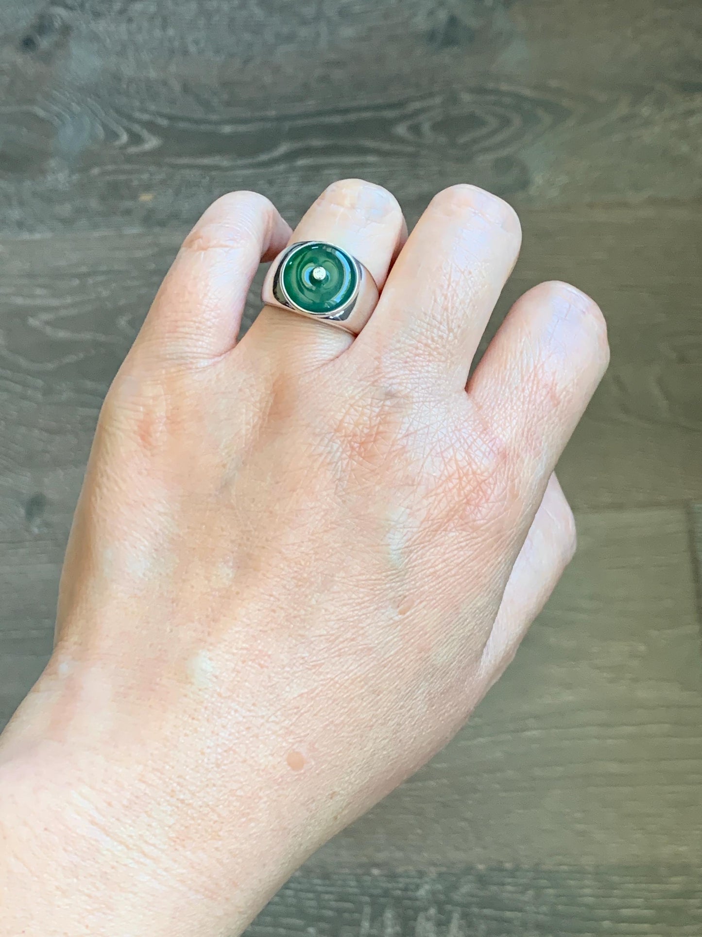 Certified Natural Grade A Icy Translucent Green Marbled Jade Jadeite Donut Ping An Kou Ring Sterling Silver Size 7.25 US 天然冰飘绿翡翠平安扣银镶戒指 237