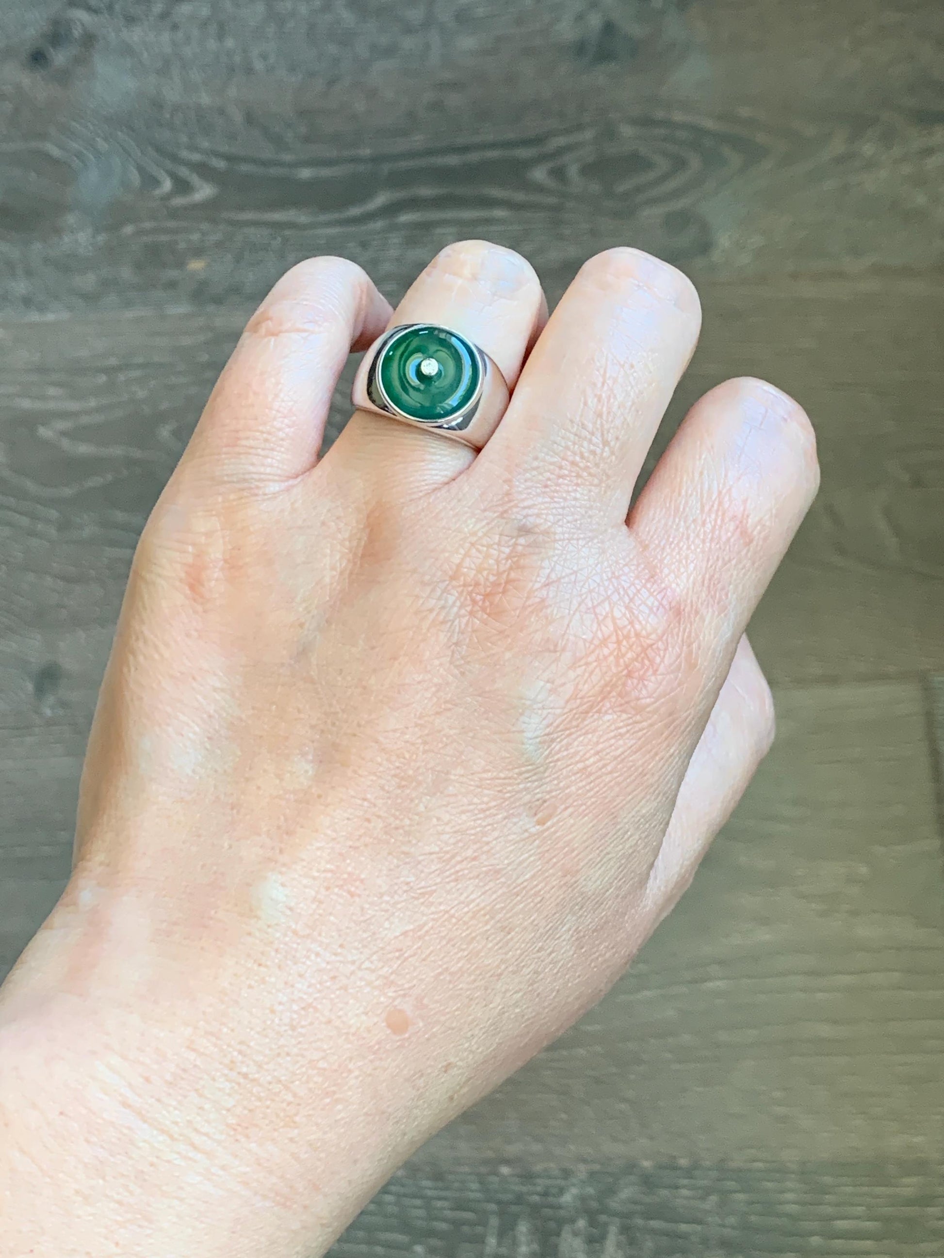 Certified Natural Grade A Icy Translucent Green Marbled Jade Jadeite Donut Ping An Kou Ring Sterling Silver Size 7.25 US 天然冰飘绿翡翠平安扣银镶戒指 237