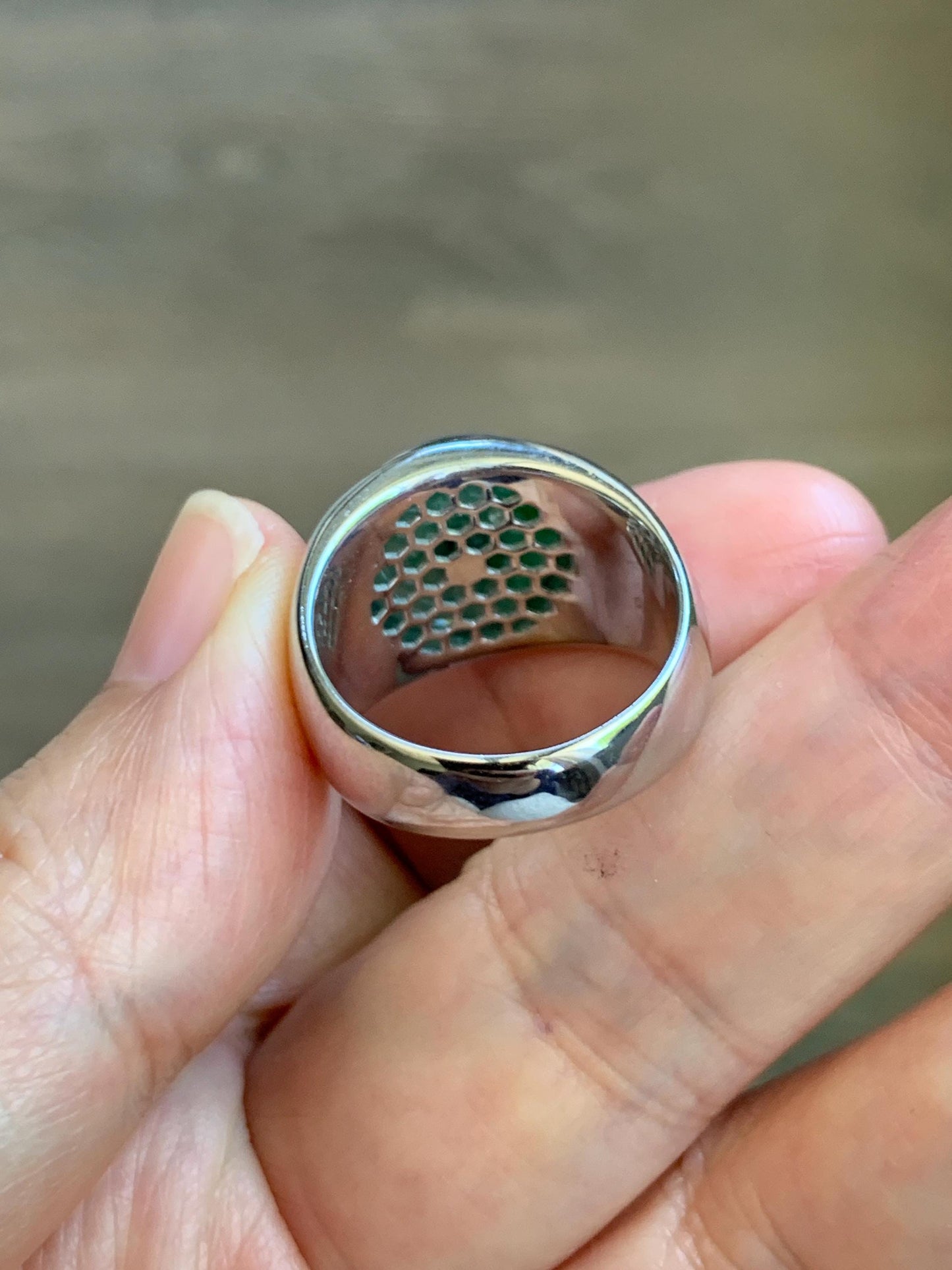 Certified Natural Grade A Icy Translucent Green Marbled Jade Jadeite Donut Ping An Kou Ring Sterling Silver Size 7.25 US 天然冰飘绿翡翠平安扣银镶戒指 237