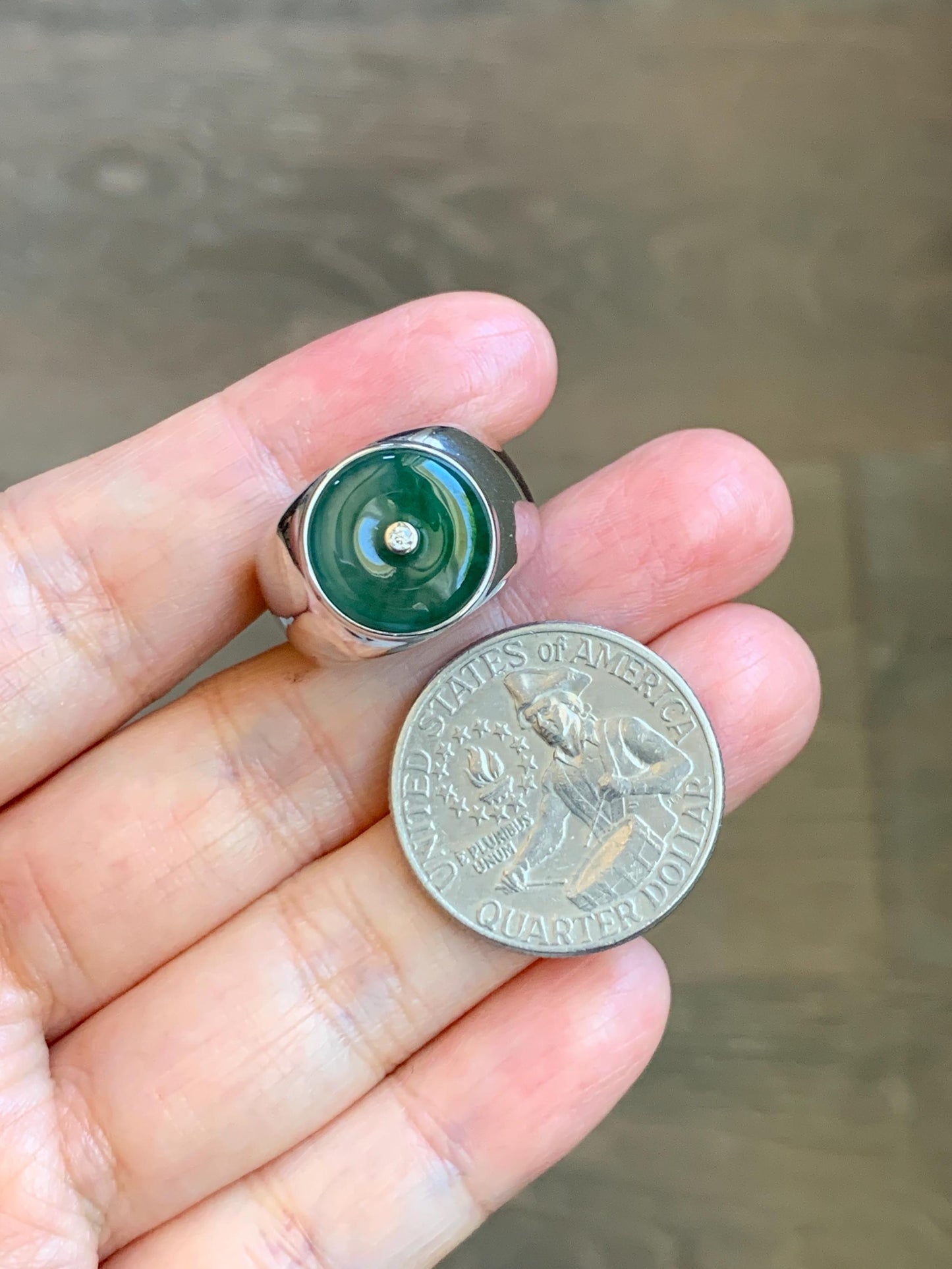 Certified Natural Grade A Icy Translucent Green Marbled Jade Jadeite Donut Ping An Kou Ring Sterling Silver Size 7.25 US 天然冰飘绿翡翠平安扣银镶戒指 237