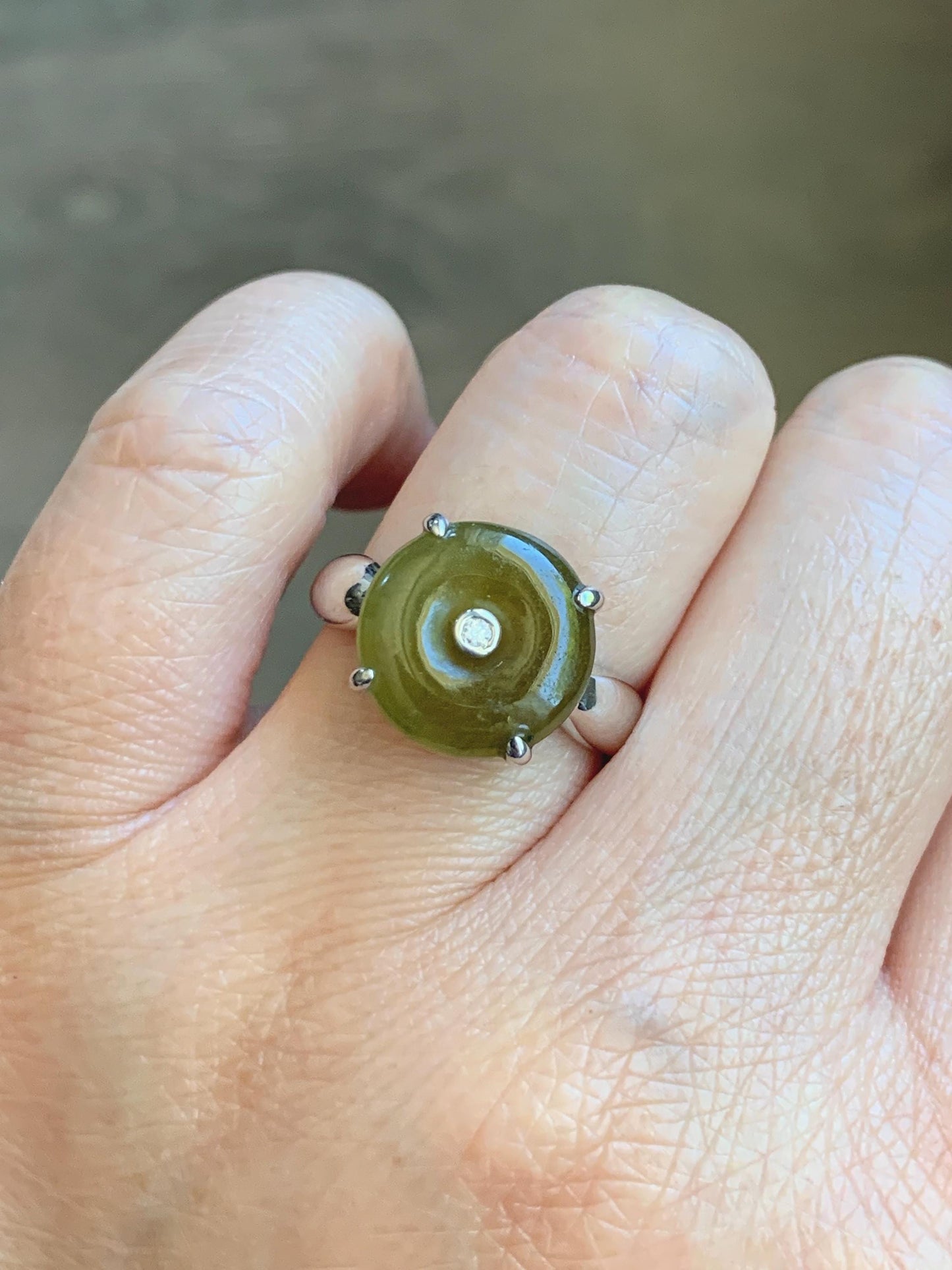 Certified Natural Grade A Icy Translucent Dark Yellow Jade Jadeite Donut Ping An Kou Ring Sterling Silver Size 7.25 US 天然冰深黄翡翠平安扣银镶戒指 236