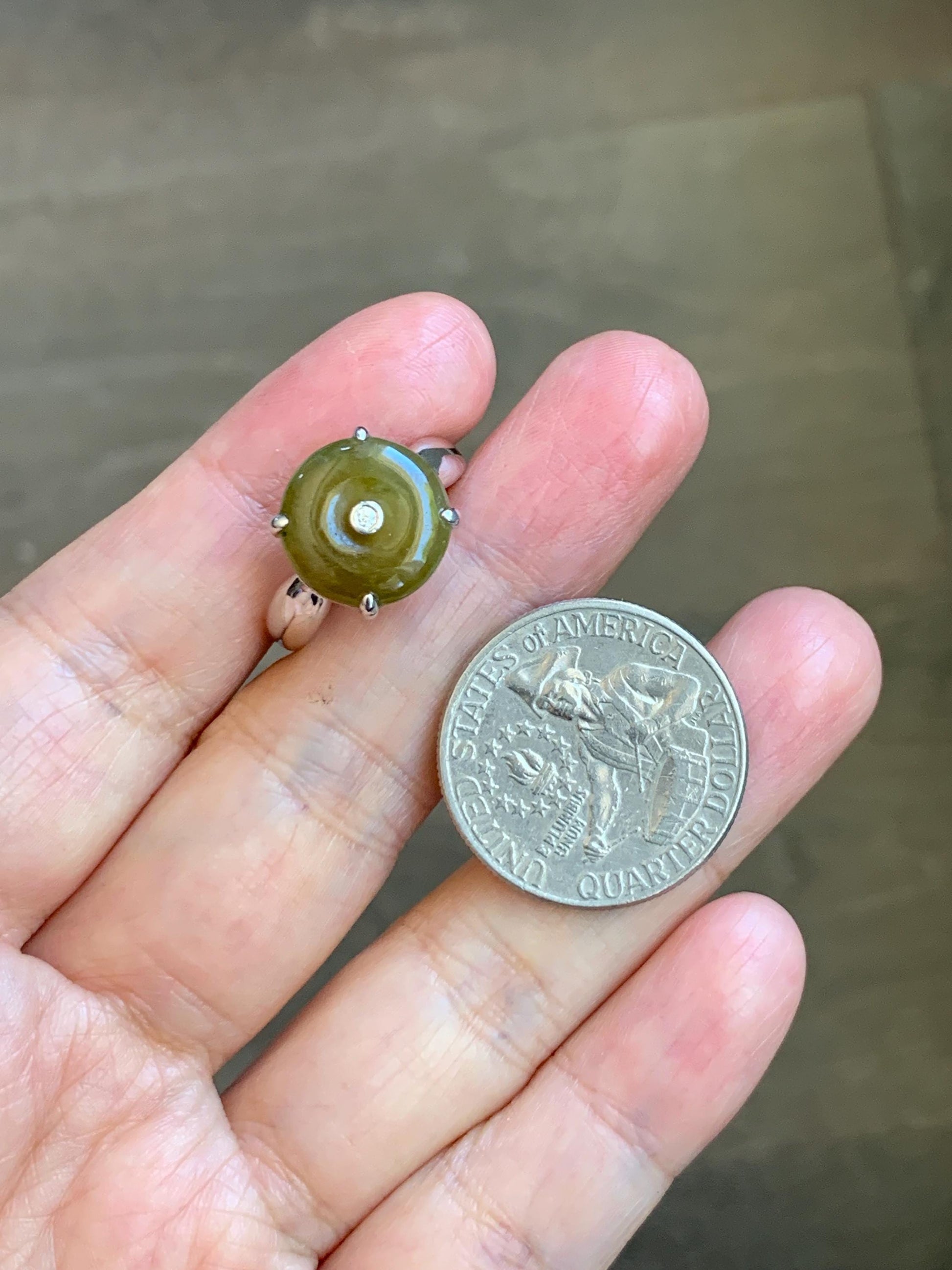 Certified Natural Grade A Icy Translucent Dark Yellow Jade Jadeite Donut Ping An Kou Ring Sterling Silver Size 7.25 US 天然冰深黄翡翠平安扣银镶戒指 236
