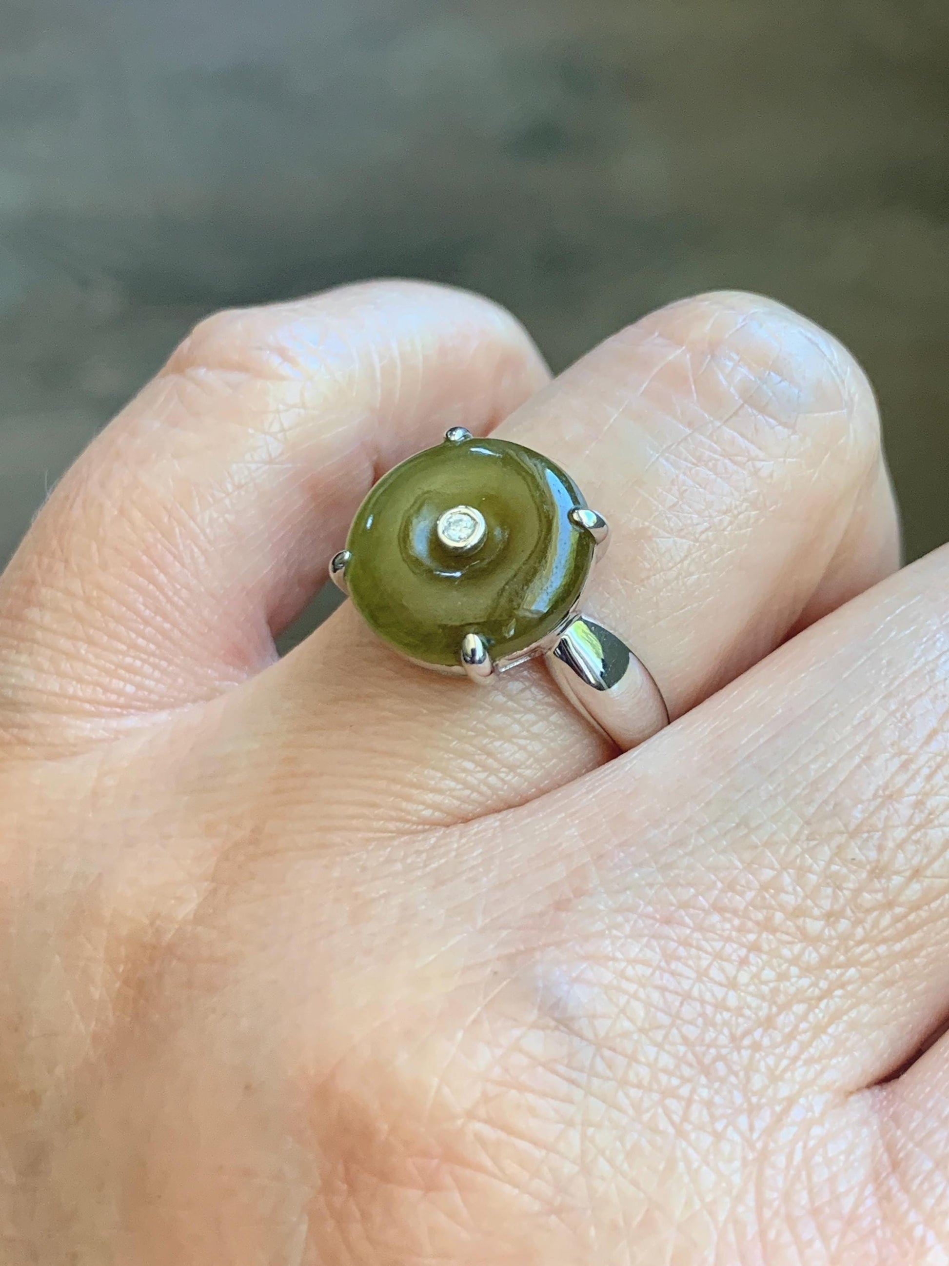 Certified Natural Grade A Icy Translucent Dark Yellow Jade Jadeite Donut Ping An Kou Ring Sterling Silver Size 7.25 US 天然冰深黄翡翠平安扣银镶戒指 236