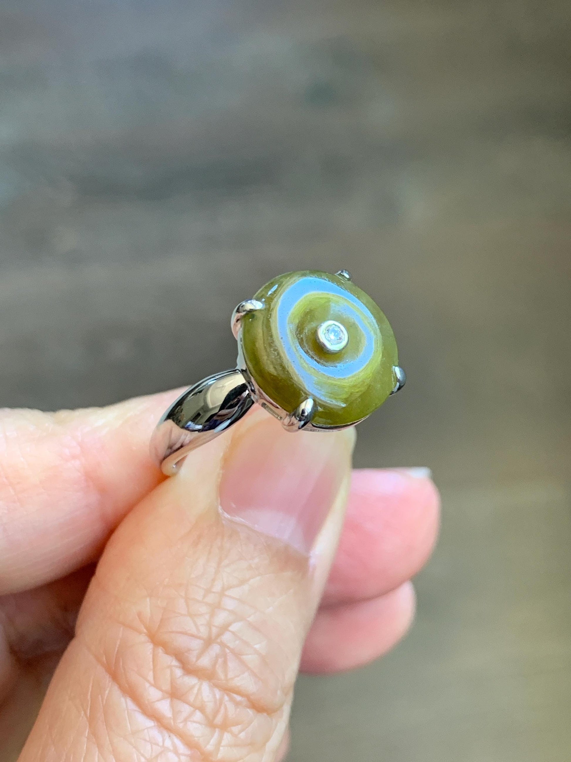 Certified Natural Grade A Icy Translucent Dark Yellow Jade Jadeite Donut Ping An Kou Ring Sterling Silver Size 7.25 US 天然冰深黄翡翠平安扣银镶戒指 236