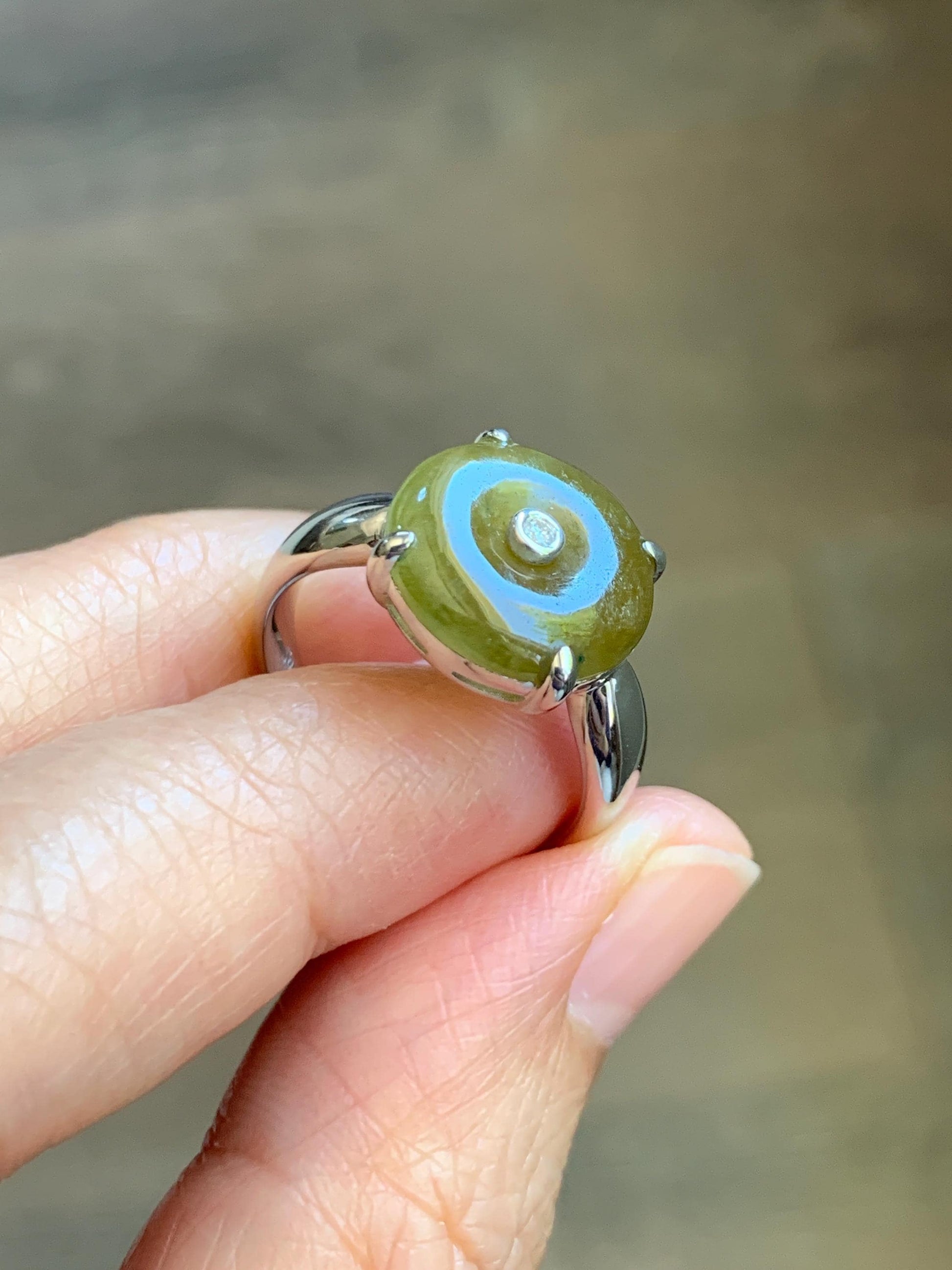 Certified Natural Grade A Icy Translucent Dark Yellow Jade Jadeite Donut Ping An Kou Ring Sterling Silver Size 7.25 US 天然冰深黄翡翠平安扣银镶戒指 236
