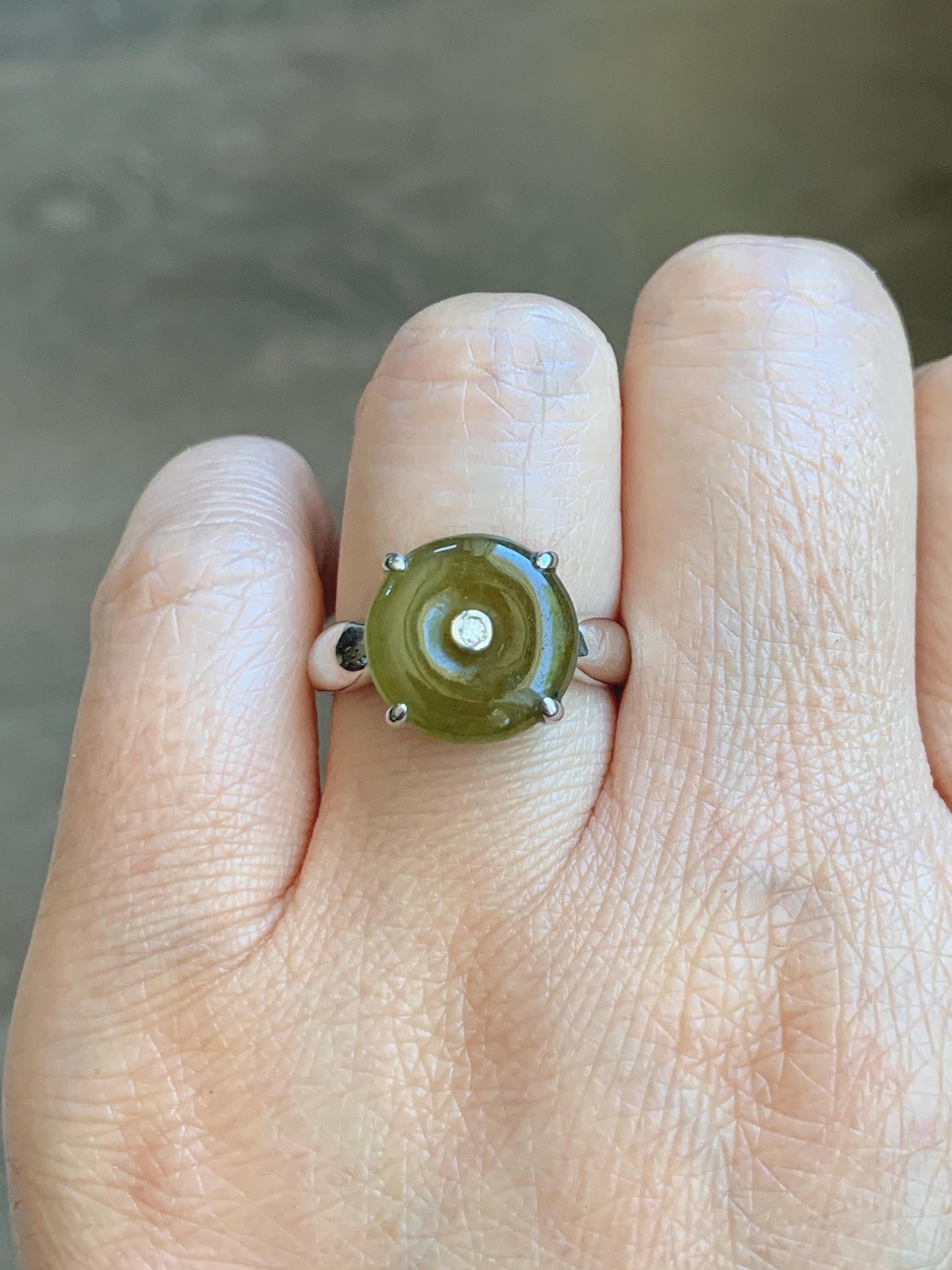 Certified Natural Grade A Icy Translucent Dark Yellow Jade Jadeite Donut Ping An Kou Ring Sterling Silver Size 7.25 US 天然冰深黄翡翠平安扣银镶戒指 236
