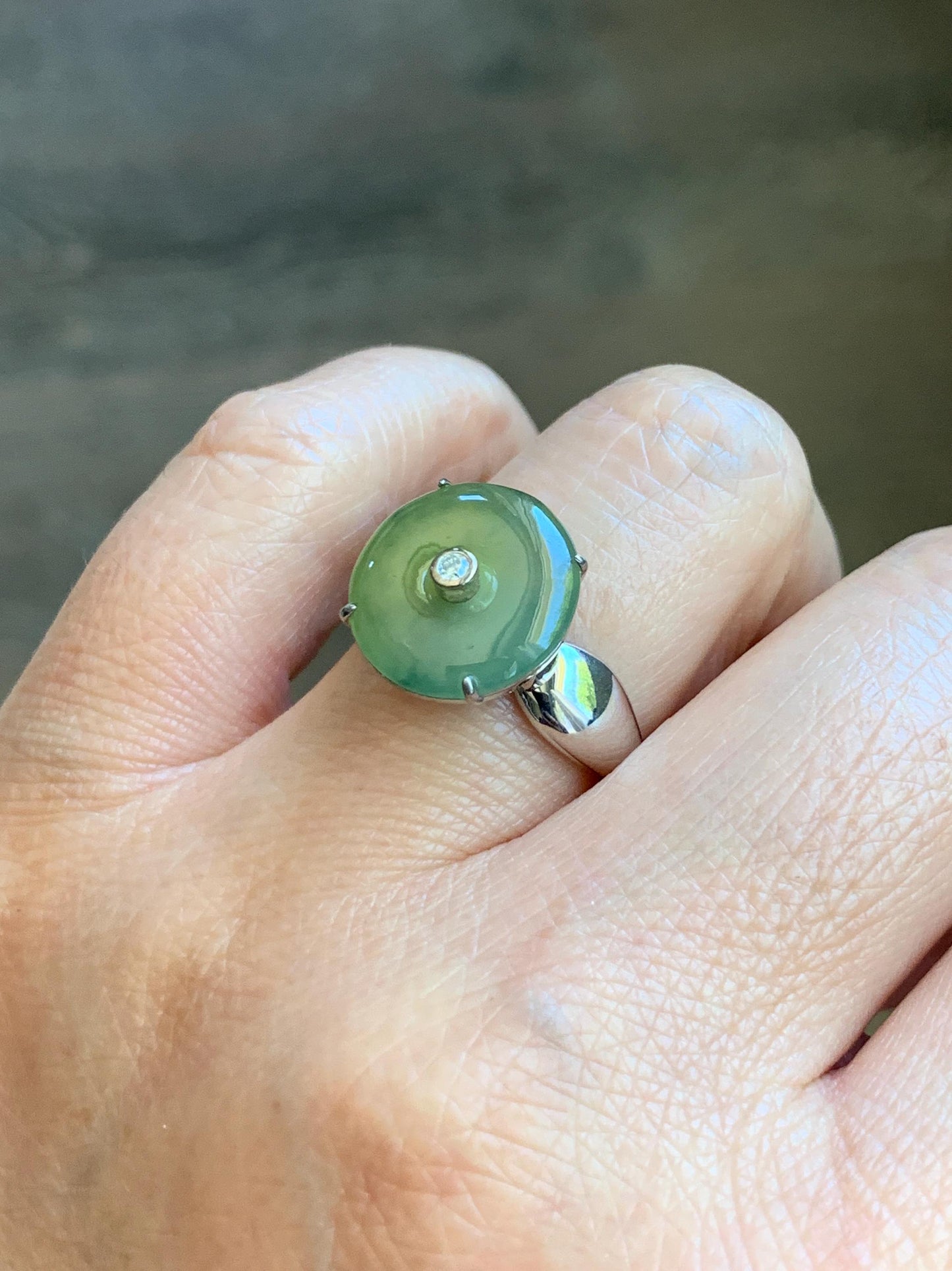 Certified Natural Grade A Guatemalan Icy Light Yellow Jade Jadeite Donut Ping An Kou Ring Sterling Silver Size 7.25 US 天然冰危浅黄蓝翡翠平安扣银镶戒指 235