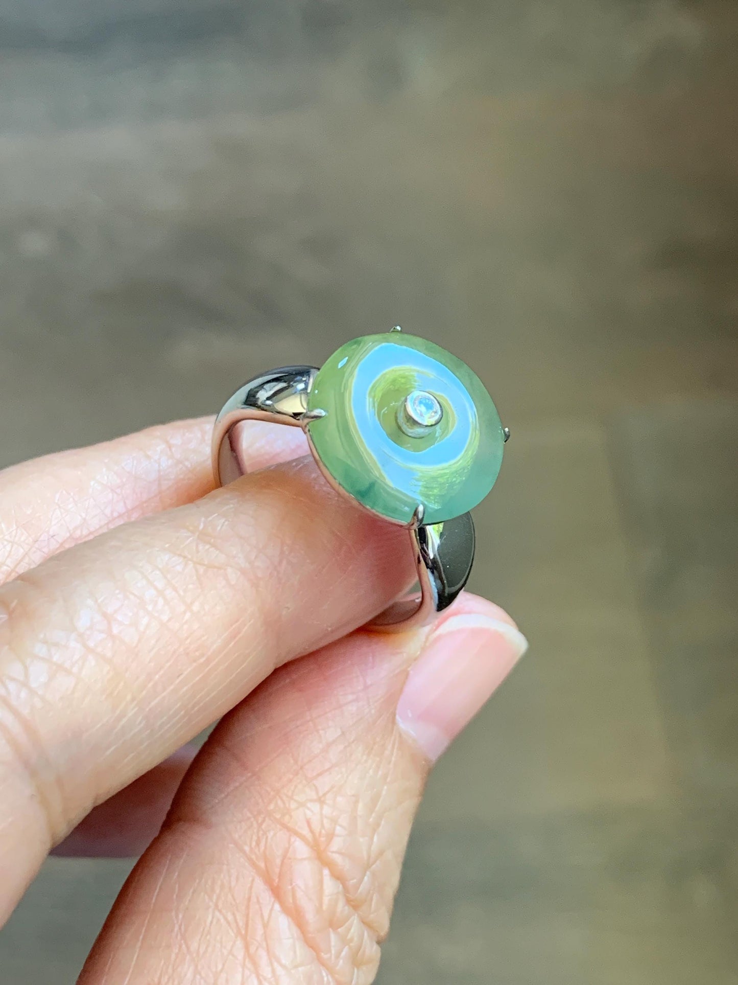 Certified Natural Grade A Guatemalan Icy Light Yellow Jade Jadeite Donut Ping An Kou Ring Sterling Silver Size 7.25 US 天然冰危浅黄蓝翡翠平安扣银镶戒指 235
