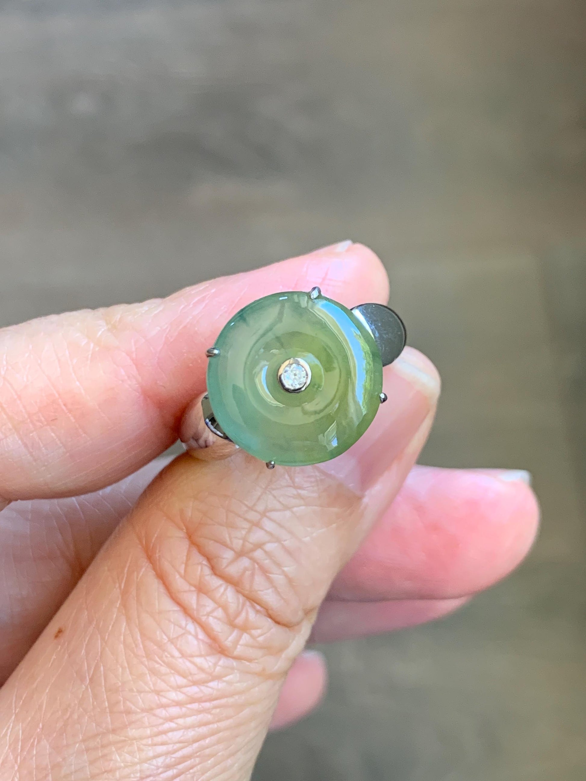 Certified Natural Grade A Guatemalan Icy Light Yellow Jade Jadeite Donut Ping An Kou Ring Sterling Silver Size 7.25 US 天然冰危浅黄蓝翡翠平安扣银镶戒指 235