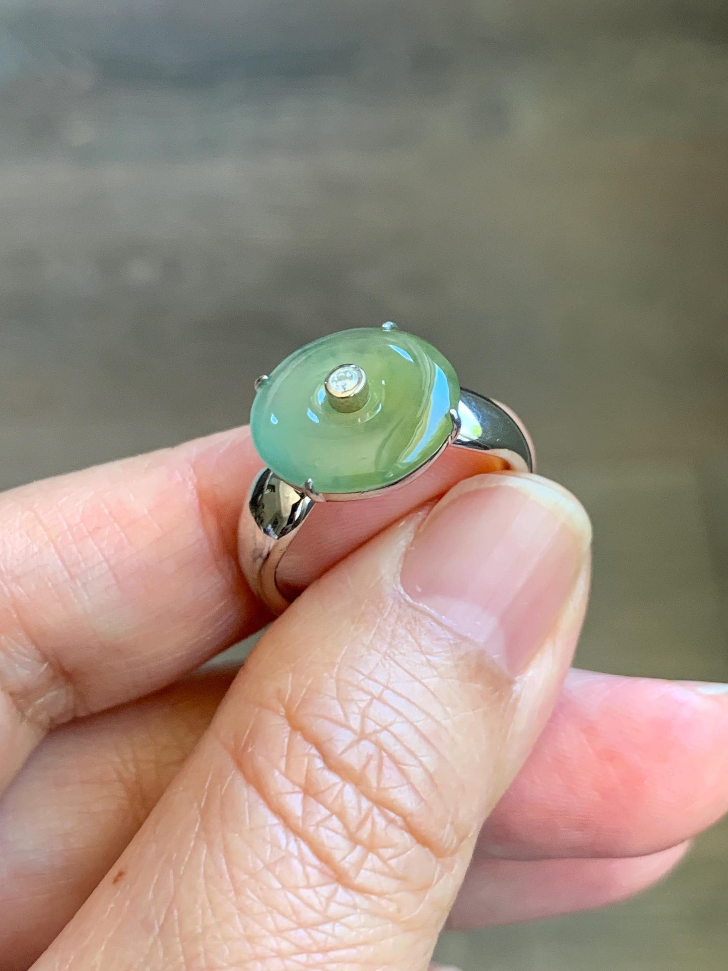 Certified Natural Grade A Guatemalan Icy Light Yellow Jade Jadeite Donut Ping An Kou Ring Sterling Silver Size 7.25 US 天然冰危浅黄蓝翡翠平安扣银镶戒指 235