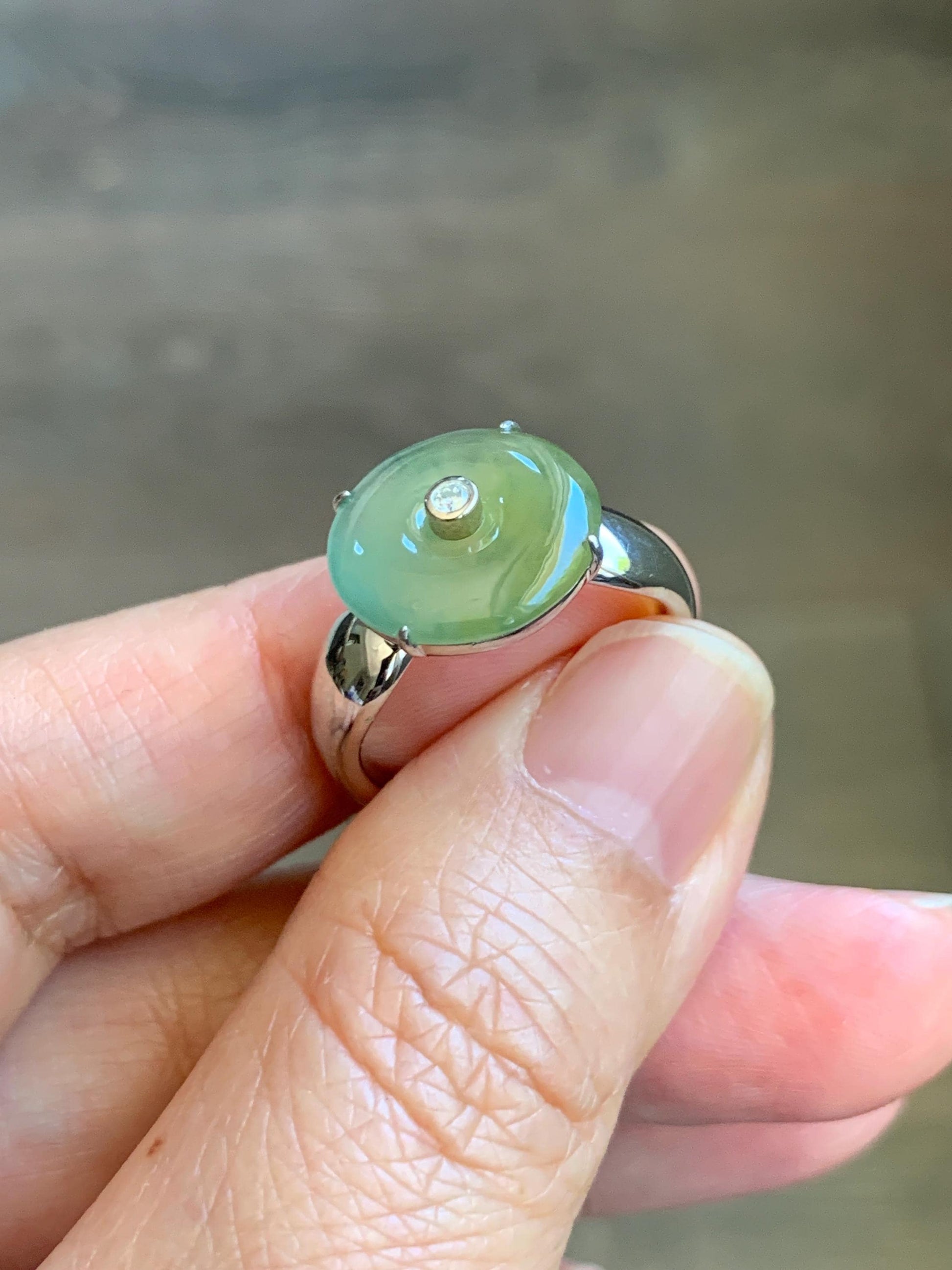 Certified Natural Grade A Guatemalan Icy Light Yellow Jade Jadeite Donut Ping An Kou Ring Sterling Silver Size 7.25 US 天然冰危浅黄蓝翡翠平安扣银镶戒指 235