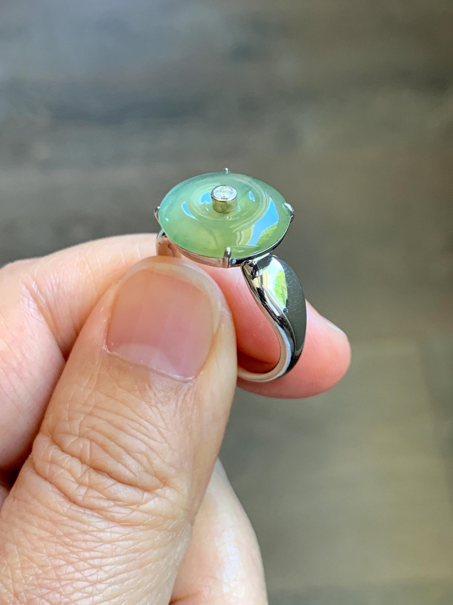 Certified Natural Grade A Guatemalan Icy Light Yellow Jade Jadeite Donut Ping An Kou Ring Sterling Silver Size 7.25 US 天然冰危浅黄蓝翡翠平安扣银镶戒指 235