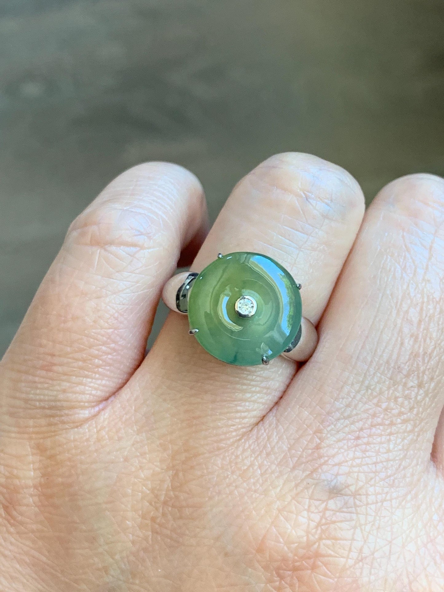 Certified Natural Grade A Guatemalan Icy Light Yellow Jade Jadeite Donut Ping An Kou Ring Sterling Silver Size 7.25 US 天然冰危浅黄蓝翡翠平安扣银镶戒指 235