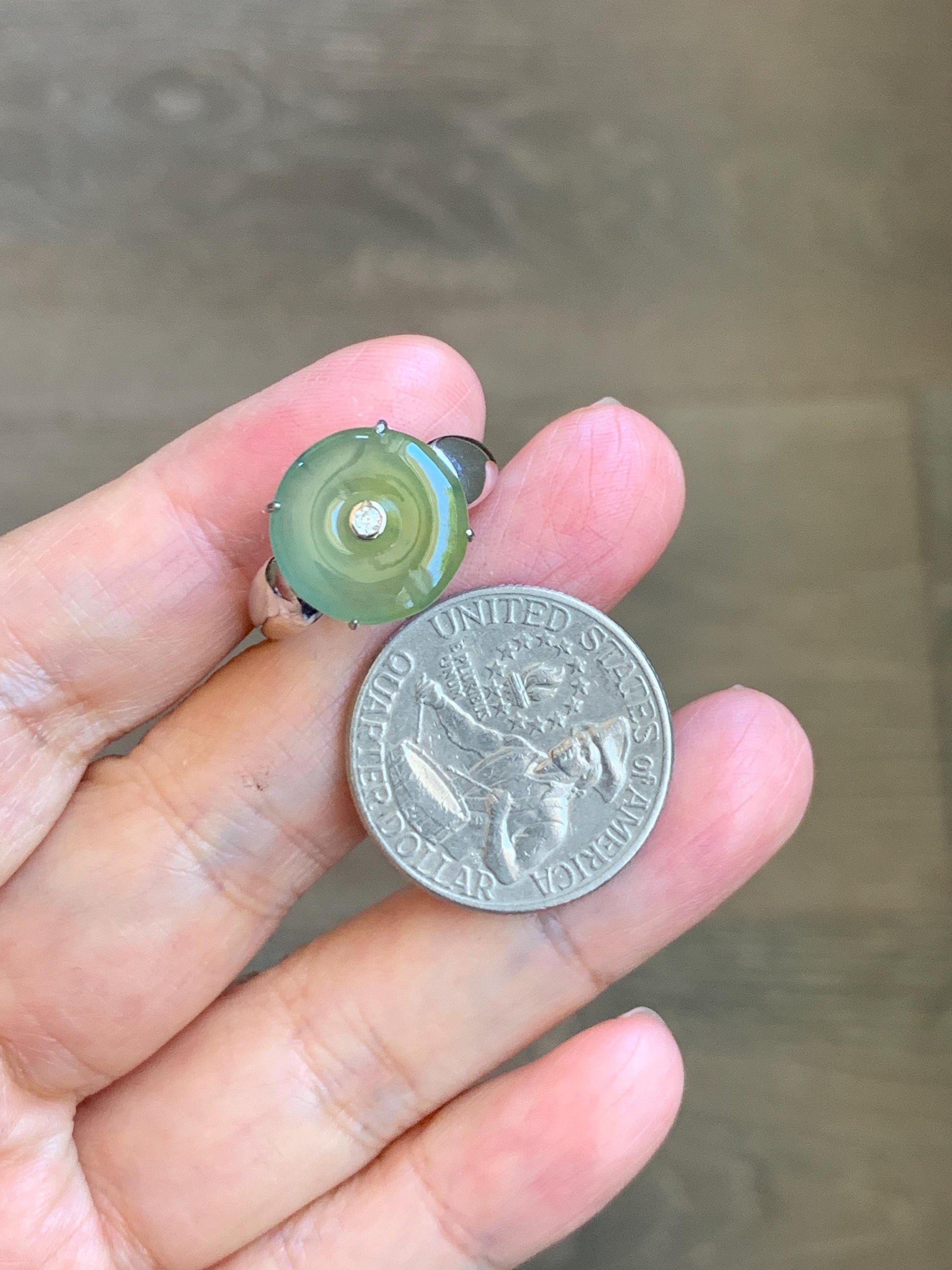 Certified Natural Grade A Guatemalan Icy Light Yellow Jade Jadeite Donut Ping An Kou Ring Sterling Silver Size 7.25 US 天然冰危浅黄蓝翡翠平安扣银镶戒指 235