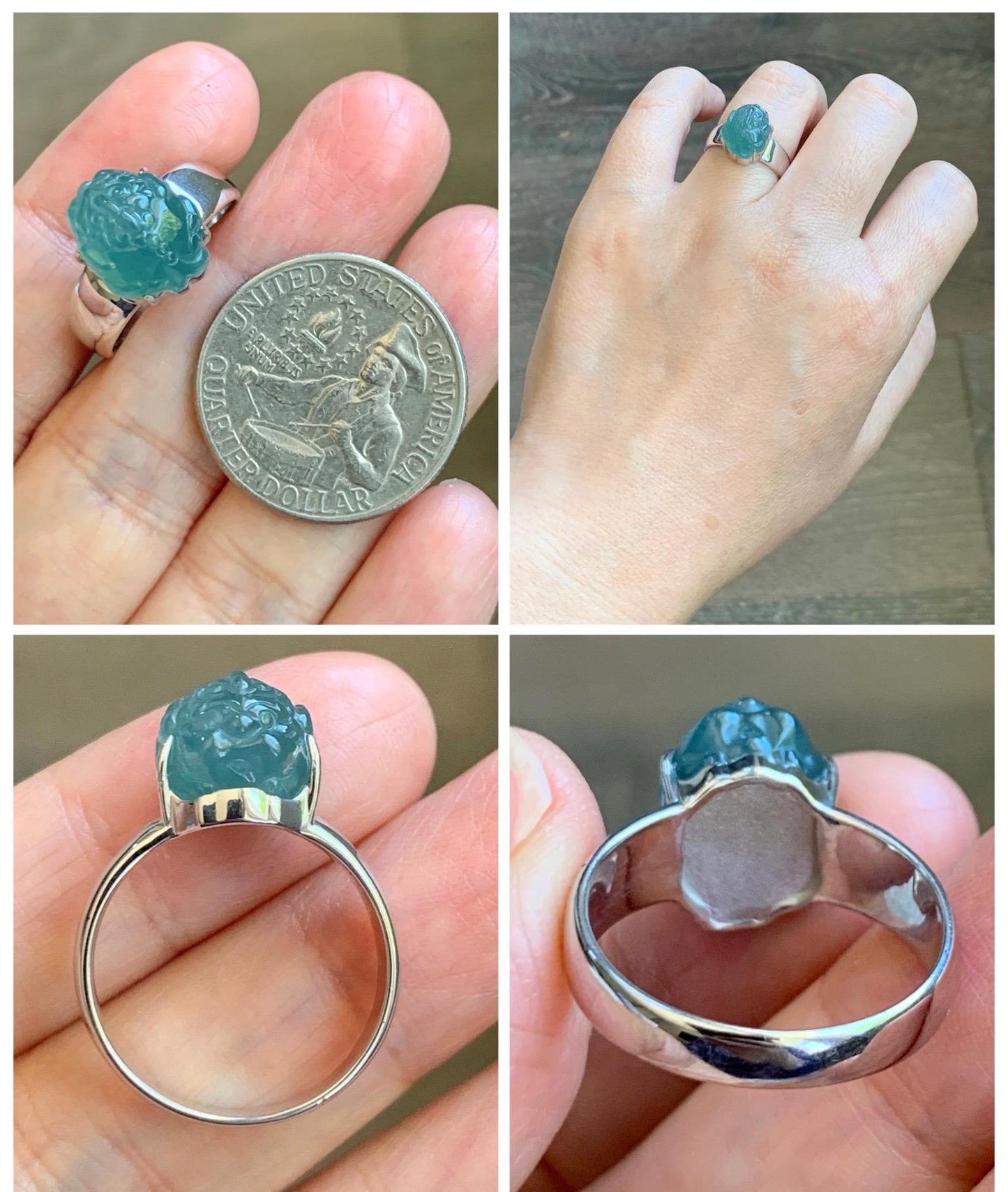 Certified Natural Grade A Guatemalan Icy Translucent Teal Jade Jadeite Carved Pixiu Ring Sterling Silver size 7.25 US 天然冰胶危蓝绿翡翠貔貅银镶戒指 229