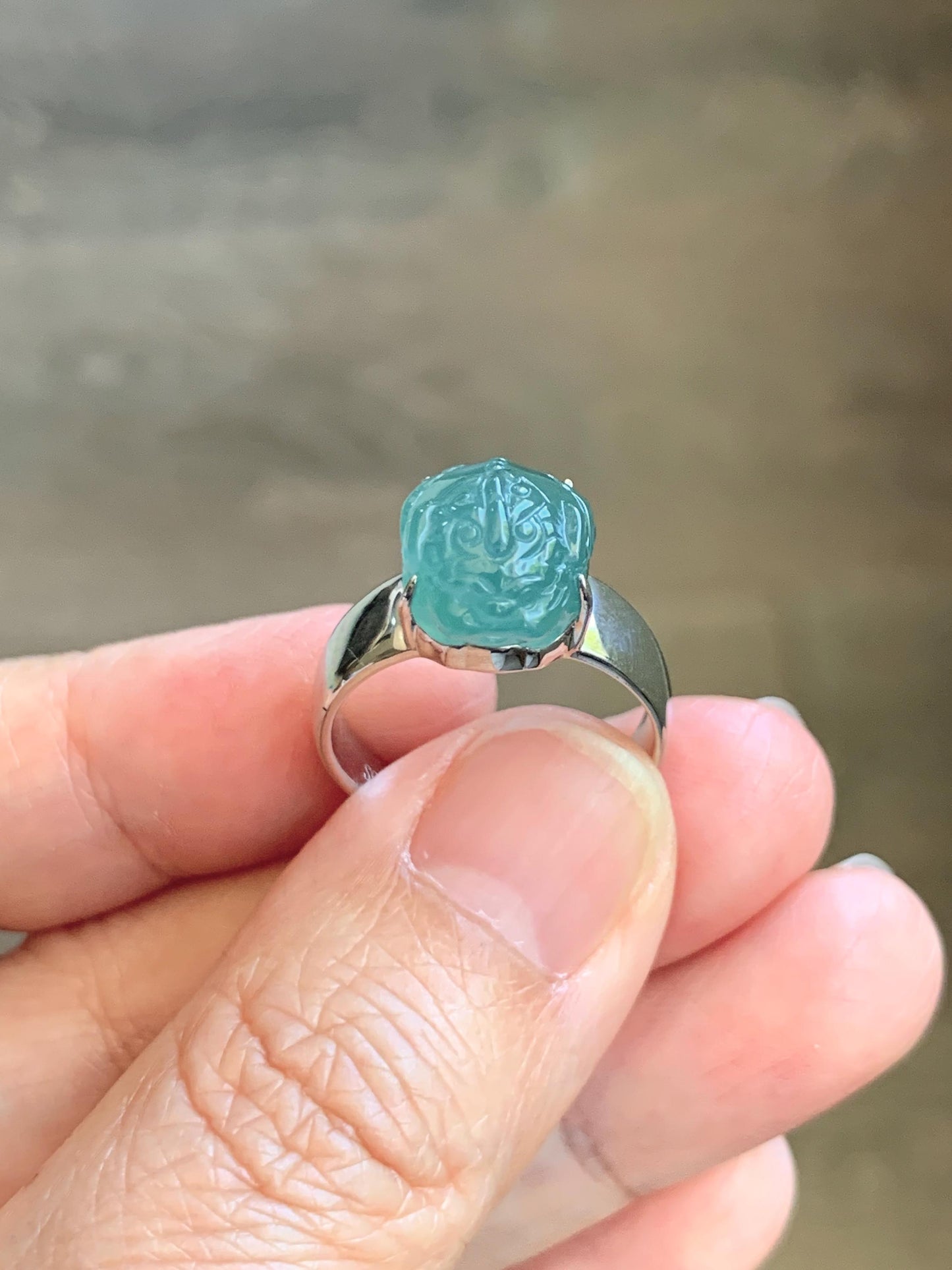 Certified Natural Grade A Guatemalan Icy Translucent Teal Jade Jadeite Carved Pixiu Ring Sterling Silver size 7.25 US 天然冰胶危蓝绿翡翠貔貅银镶戒指 229
