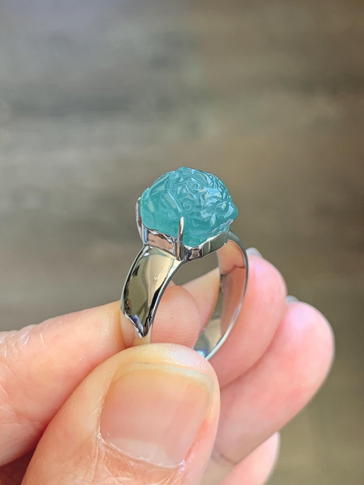 Certified Natural Grade A Guatemalan Icy Translucent Teal Jade Jadeite Carved Pixiu Ring Sterling Silver size 7.25 US 天然冰胶危蓝绿翡翠貔貅银镶戒指 229