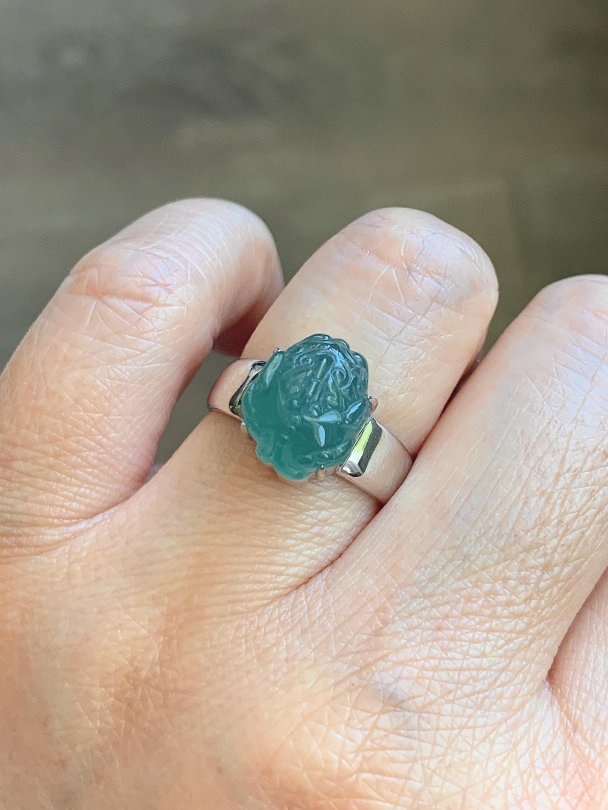 Certified Natural Grade A Guatemalan Icy Translucent Teal Jade Jadeite Carved Pixiu Ring Sterling Silver size 7.25 US 天然冰胶危蓝绿翡翠貔貅银镶戒指 229
