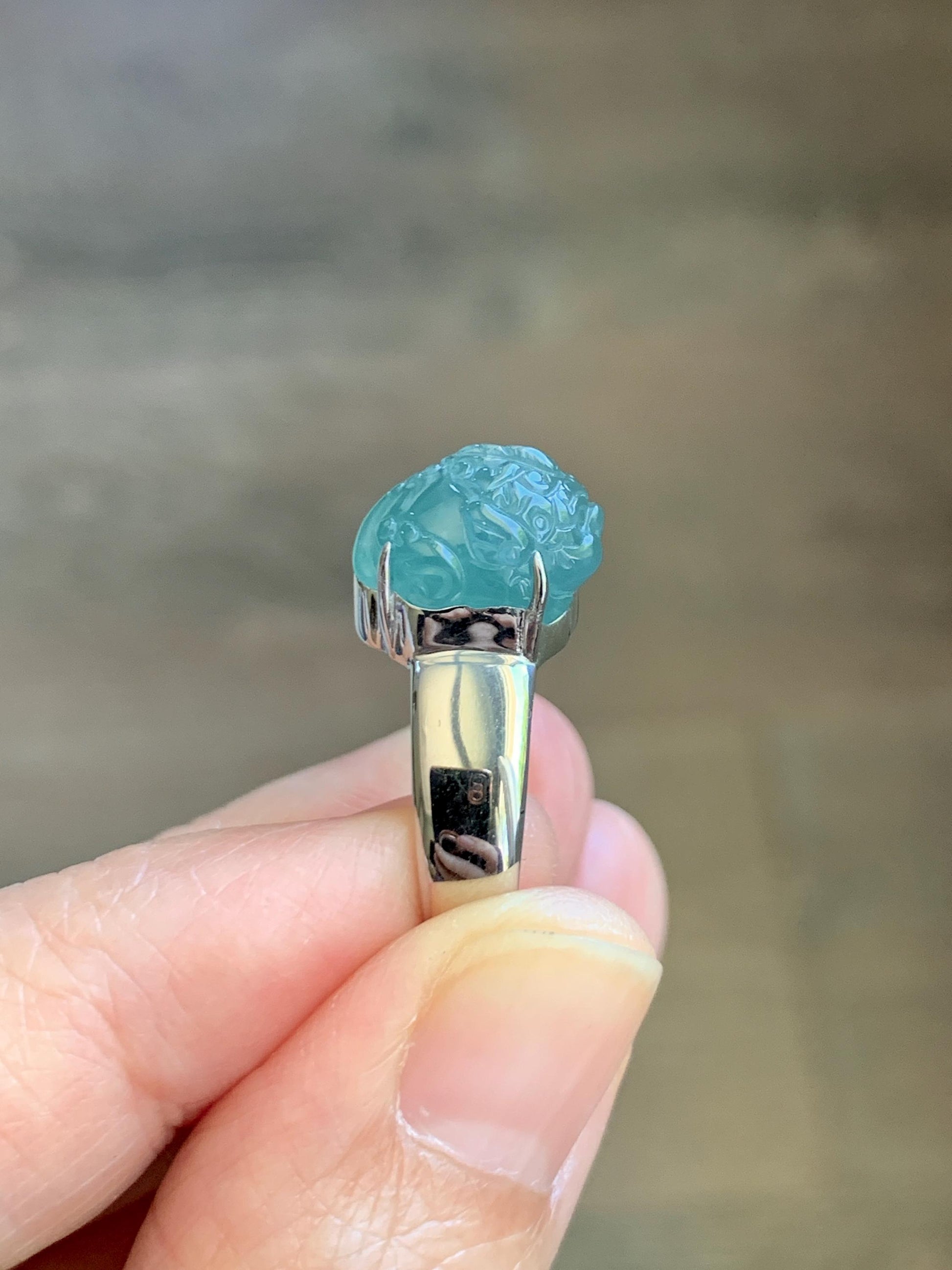Certified Natural Grade A Guatemalan Icy Translucent Teal Jade Jadeite Carved Pixiu Ring Sterling Silver size 7.25 US 天然冰胶危蓝绿翡翠貔貅银镶戒指 229