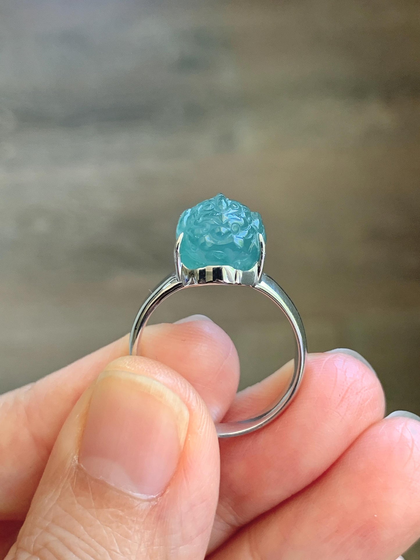 Certified Natural Grade A Guatemalan Icy Translucent Teal Jade Jadeite Carved Pixiu Ring Sterling Silver size 7.25 US 天然冰胶危蓝绿翡翠貔貅银镶戒指 229