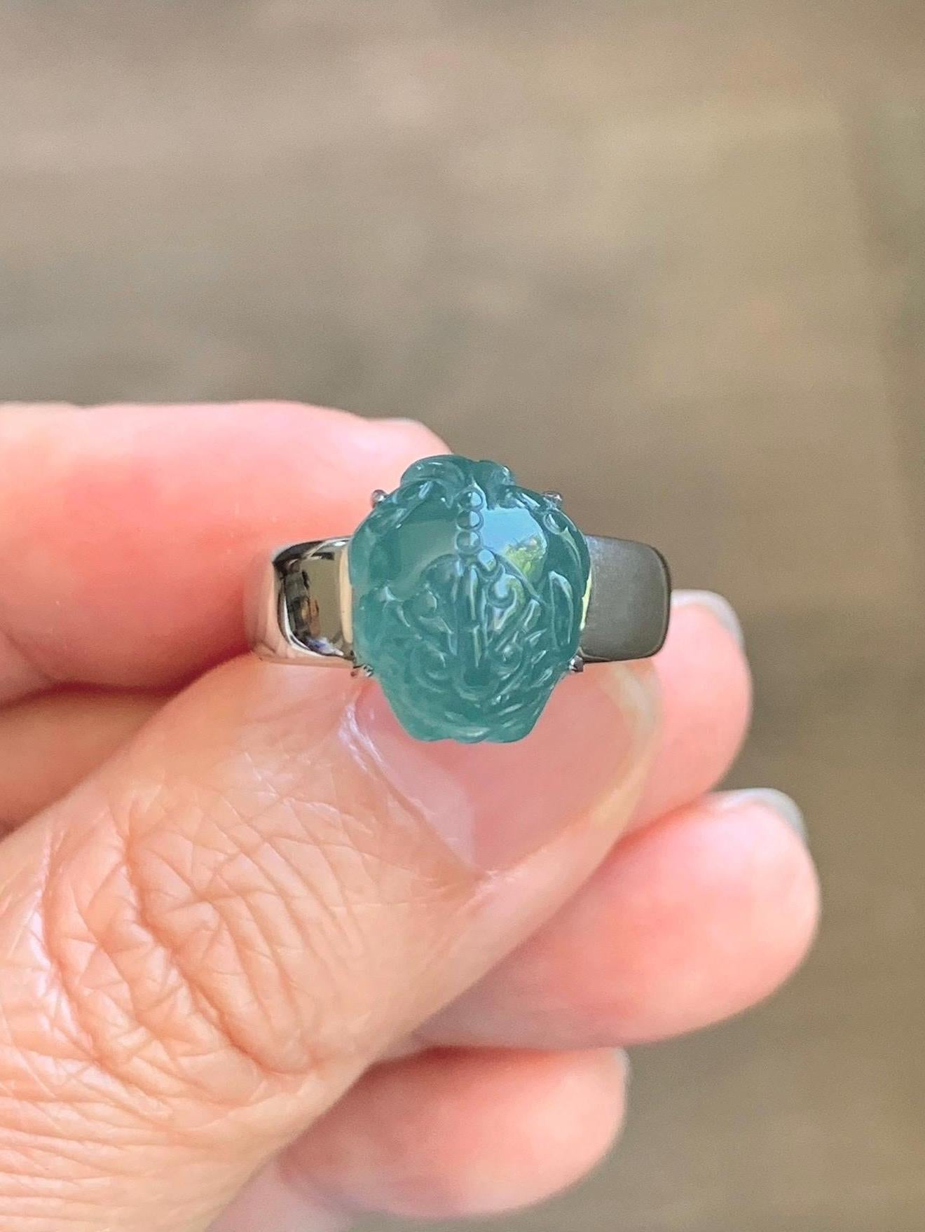 Certified Natural Grade A Guatemalan Icy Translucent Teal Jade Jadeite Carved Pixiu Ring Sterling Silver size 7.25 US 天然冰胶危蓝绿翡翠貔貅银镶戒指 229