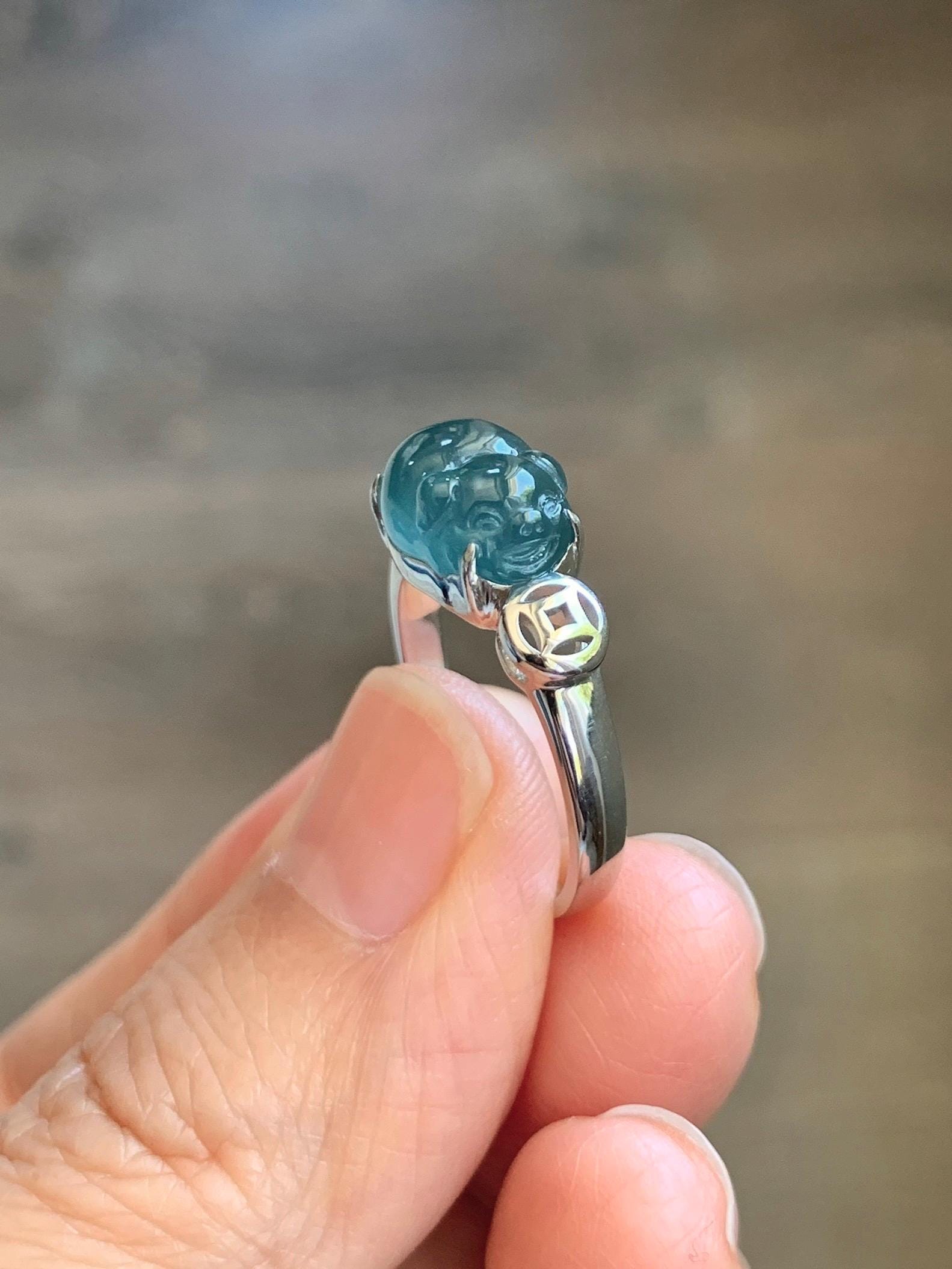 Certified Natural Grade A Guatemalan Icy Translucent Dark Teal Blue Jade Jadeite Carved Pig Ring Sterling Silver size 7 US 天然冰胶危蓝绿翡翠小猪戒指 234