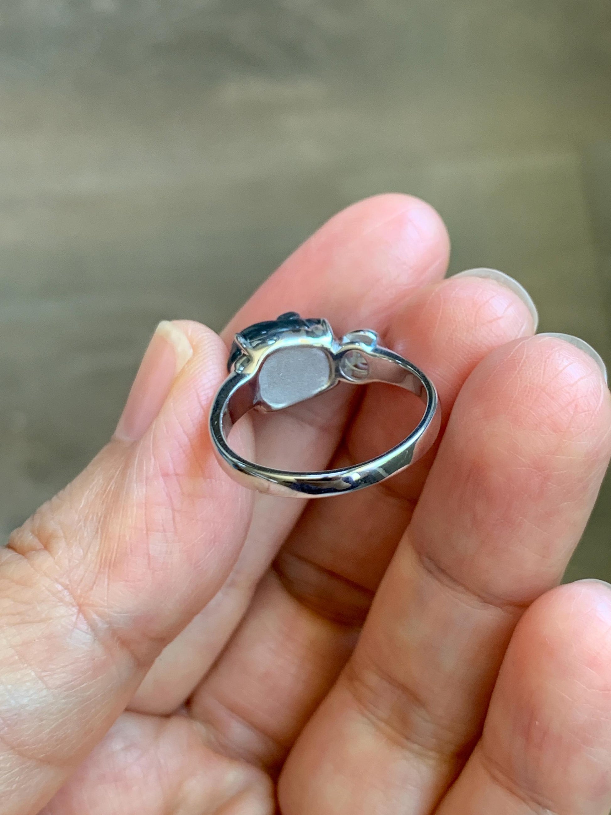 Certified Natural Grade A Guatemalan Icy Translucent Dark Teal Blue Jade Jadeite Carved Pig Ring Sterling Silver size 7 US 天然冰胶危蓝绿翡翠小猪戒指 234