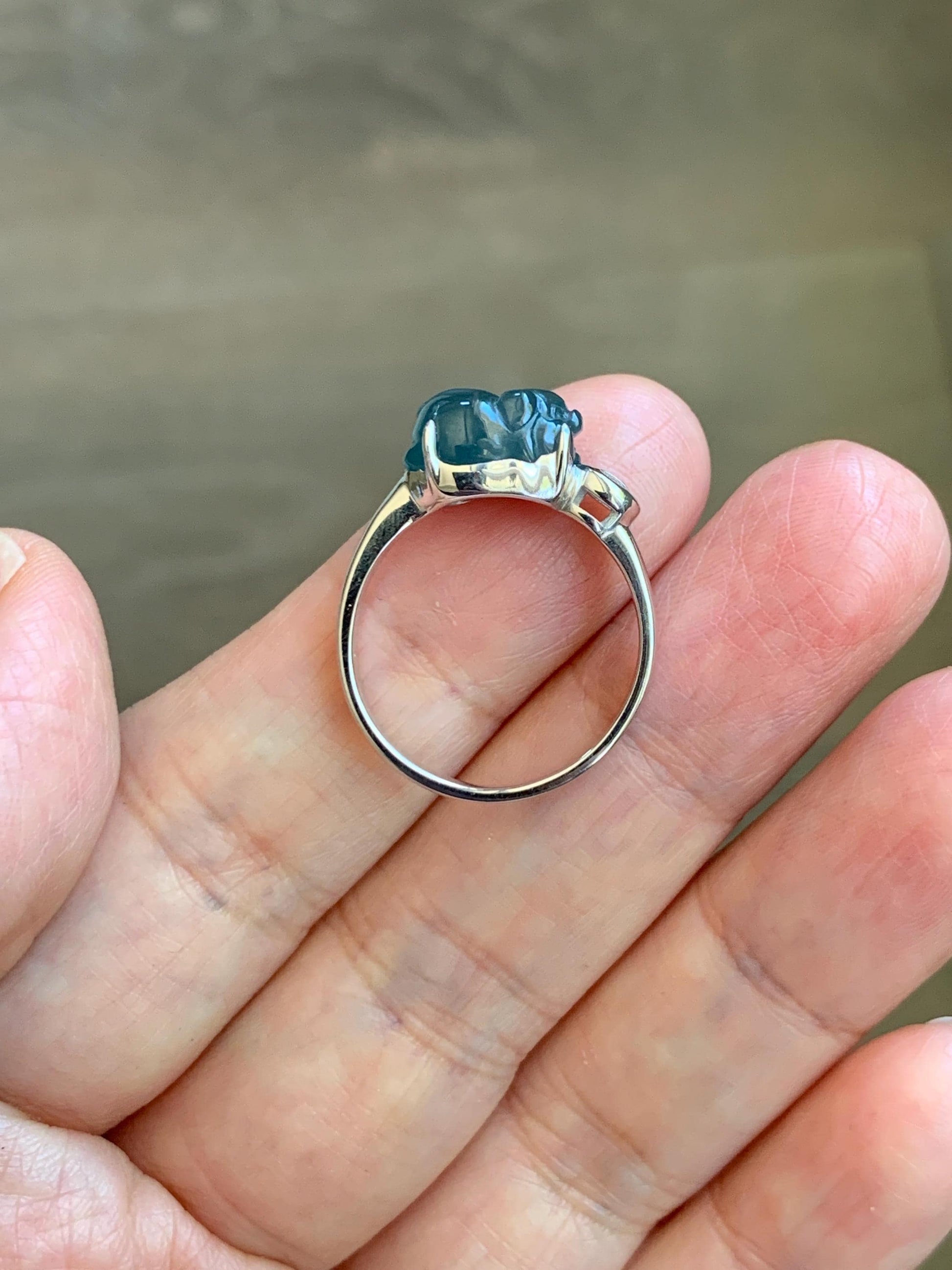 Certified Natural Grade A Guatemalan Icy Translucent Dark Teal Blue Jade Jadeite Carved Pig Ring Sterling Silver size 7 US 天然冰胶危蓝绿翡翠小猪戒指 234