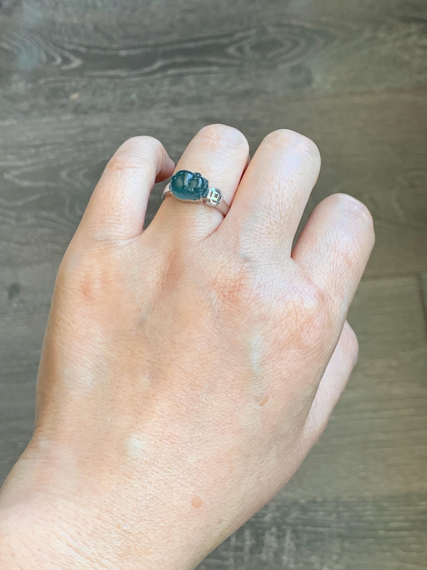 Certified Natural Grade A Guatemalan Icy Translucent Dark Teal Blue Jade Jadeite Carved Pig Ring Sterling Silver size 7 US 天然冰胶危蓝绿翡翠小猪戒指 234