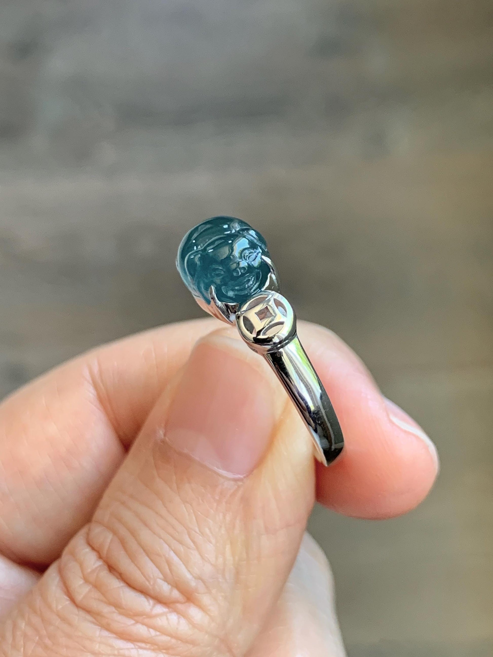 Certified Natural Grade A Guatemalan Icy Translucent Dark Teal Blue Jade Jadeite Carved Pig Ring Sterling Silver size 7 US 天然冰胶危蓝绿翡翠小猪戒指 234