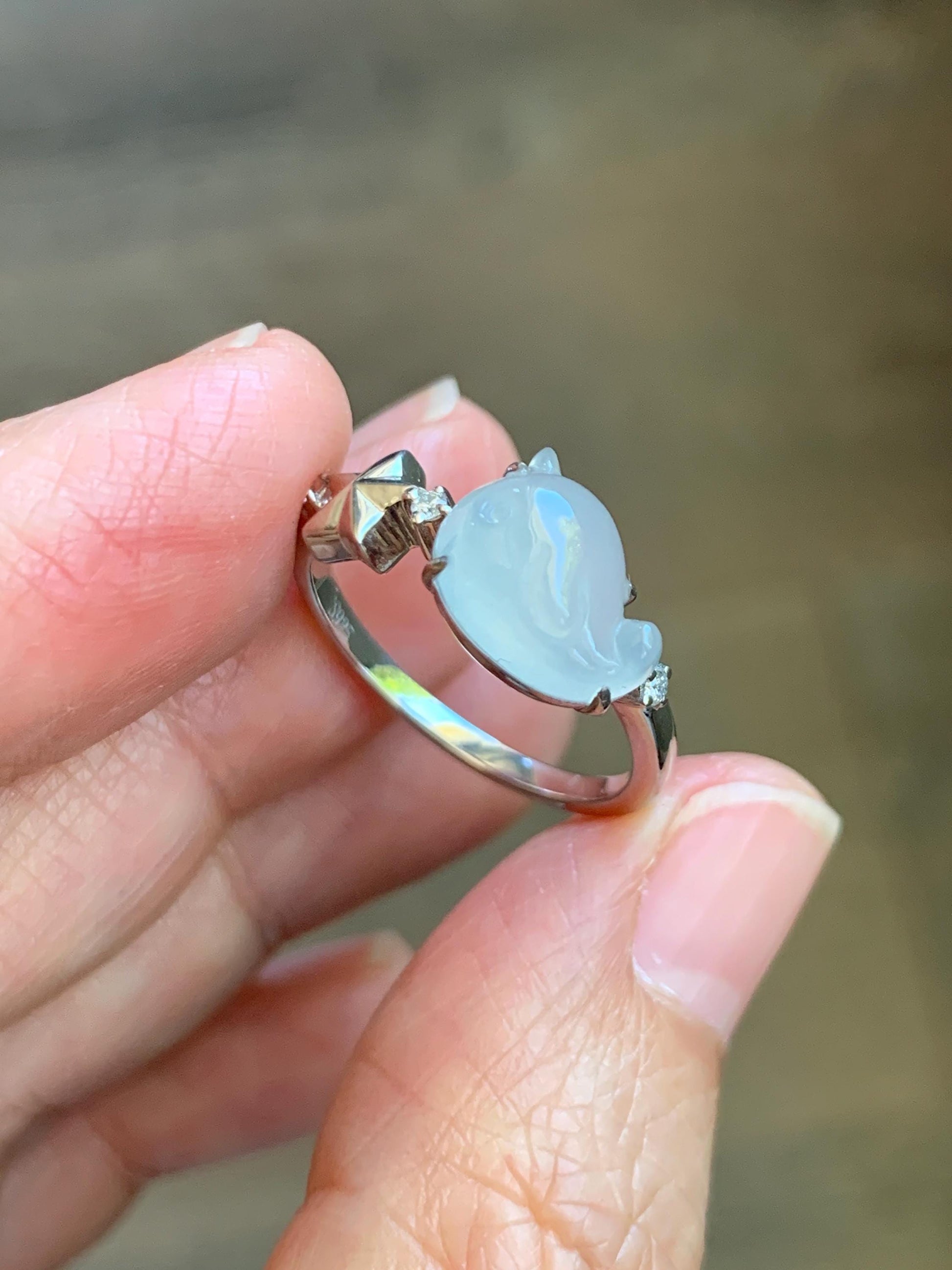 Certified Natural Grade A Icy Translucent White Jade Jadeite Carved Narwhal Unicorn Ring Sterling Silver Size 7.25 US 天然白冰翡翠独角鲸银镶戒指 226