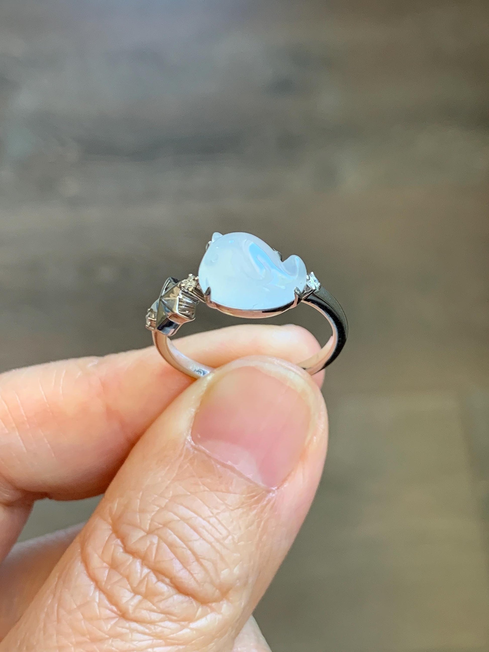Certified Natural Grade A Icy Translucent White Jade Jadeite Carved Narwhal Unicorn Ring Sterling Silver Size 7.25 US 天然白冰翡翠独角鲸银镶戒指 226
