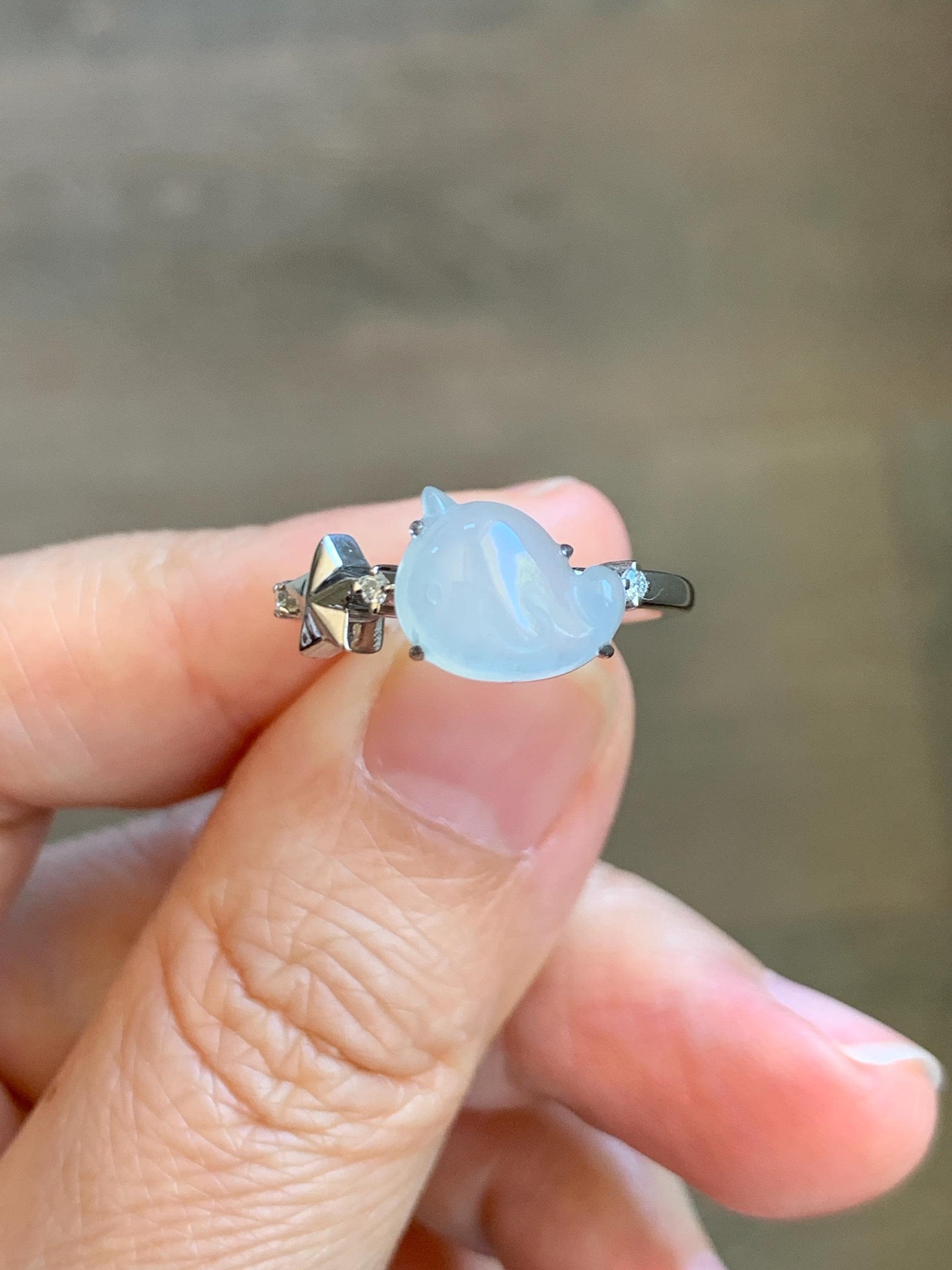 Certified Natural Grade A Icy Translucent White Jade Jadeite Carved Narwhal Unicorn Ring Sterling Silver Size 7.25 US 天然白冰翡翠独角鲸银镶戒指 226