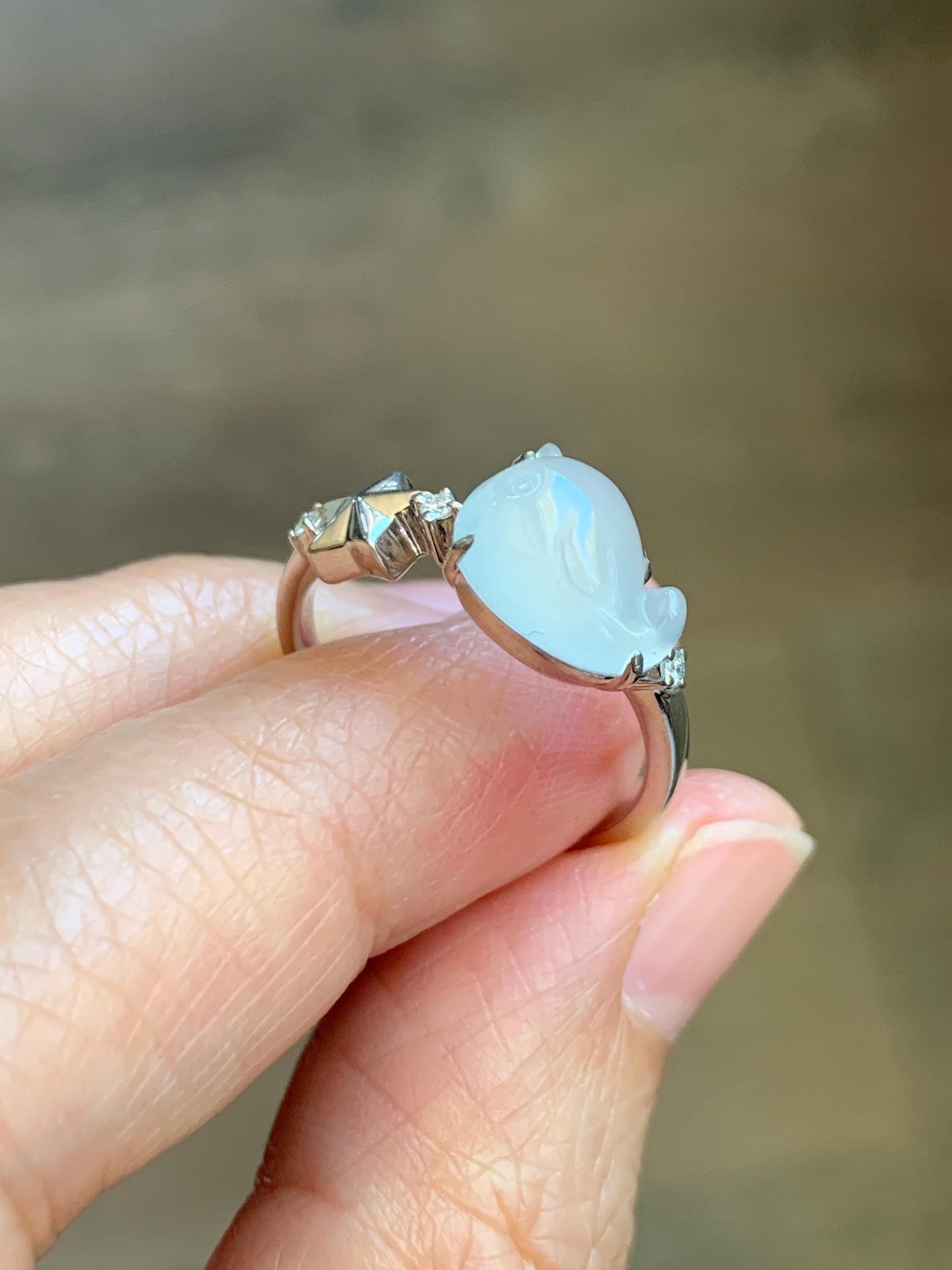 Certified Natural Grade A Icy Translucent White Jade Jadeite Carved Narwhal Unicorn Ring Sterling Silver Size 7.25 US 天然白冰翡翠独角鲸银镶戒指 226