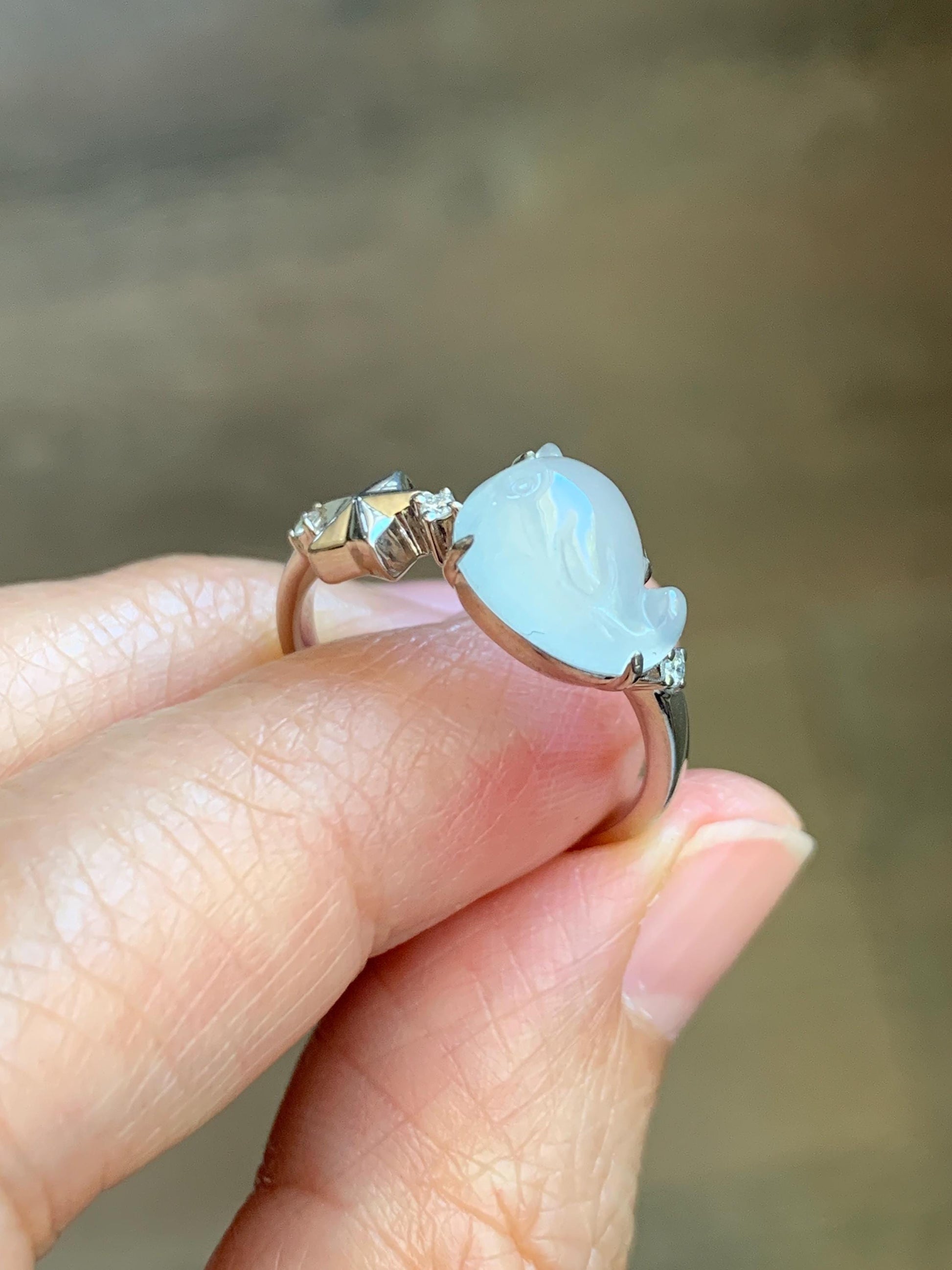 Certified Natural Grade A Icy Translucent White Jade Jadeite Carved Narwhal Unicorn Ring Sterling Silver Size 7.25 US 天然白冰翡翠独角鲸银镶戒指 226