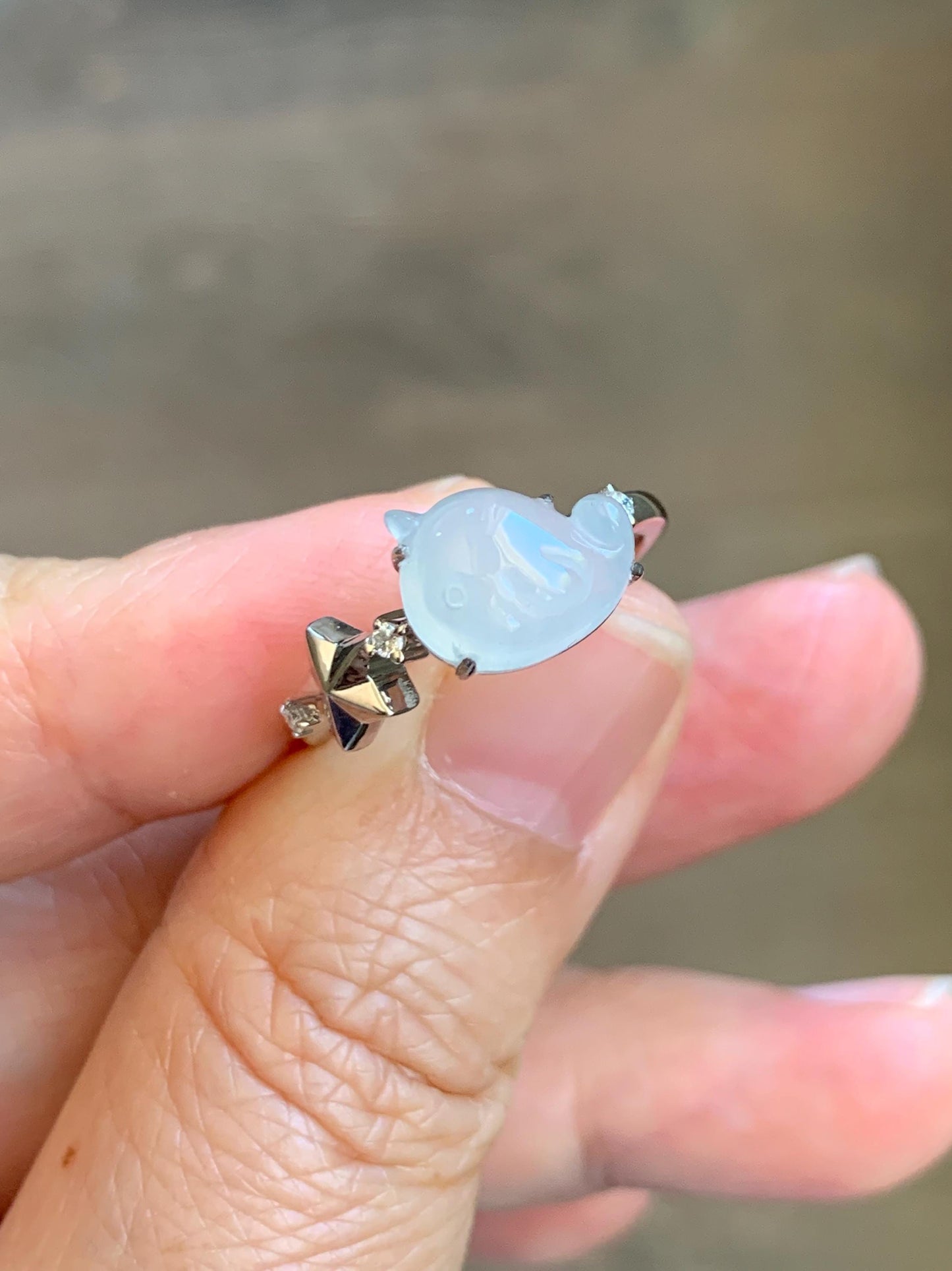 Certified Natural Grade A Icy Translucent White Jade Jadeite Carved Narwhal Unicorn Ring Sterling Silver Size 7.25 US 天然白冰翡翠独角鲸银镶戒指 226