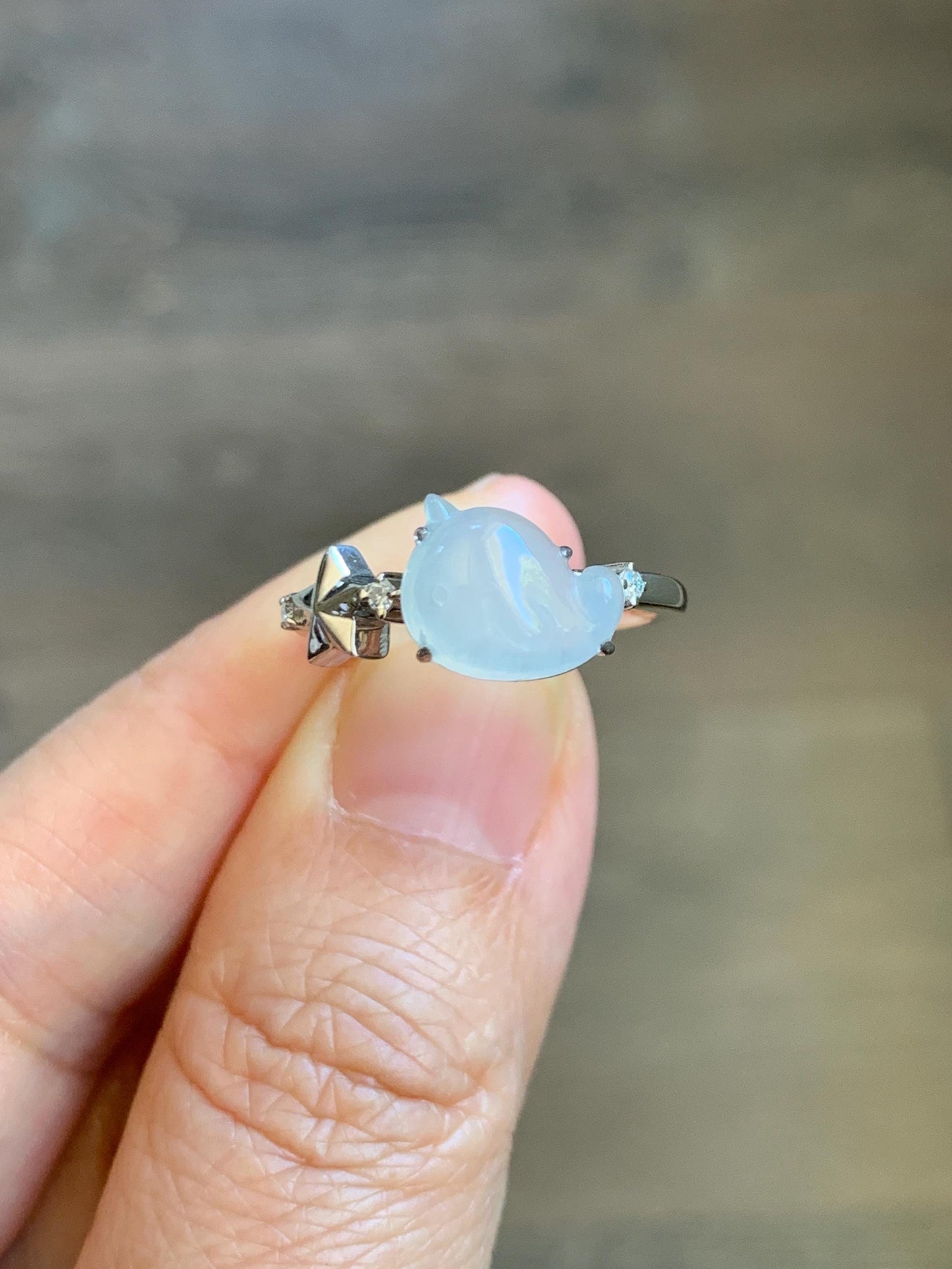 Certified Natural Grade A Icy Translucent White Jade Jadeite Carved Narwhal Unicorn Ring Sterling Silver Size 7.25 US 天然白冰翡翠独角鲸银镶戒指 226
