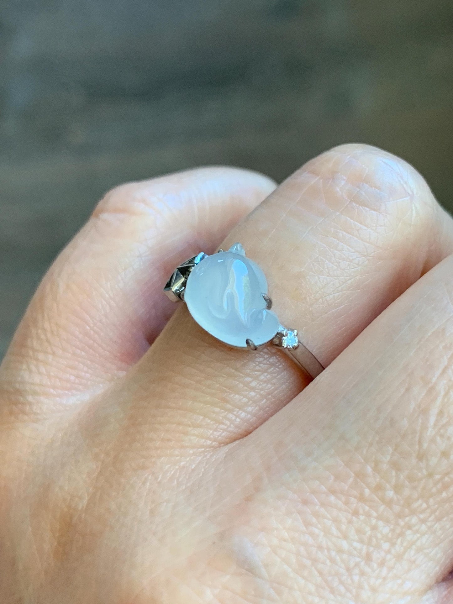 Certified Natural Grade A Icy Translucent White Jade Jadeite Carved Narwhal Unicorn Ring Sterling Silver Size 7.25 US 天然白冰翡翠独角鲸银镶戒指 226