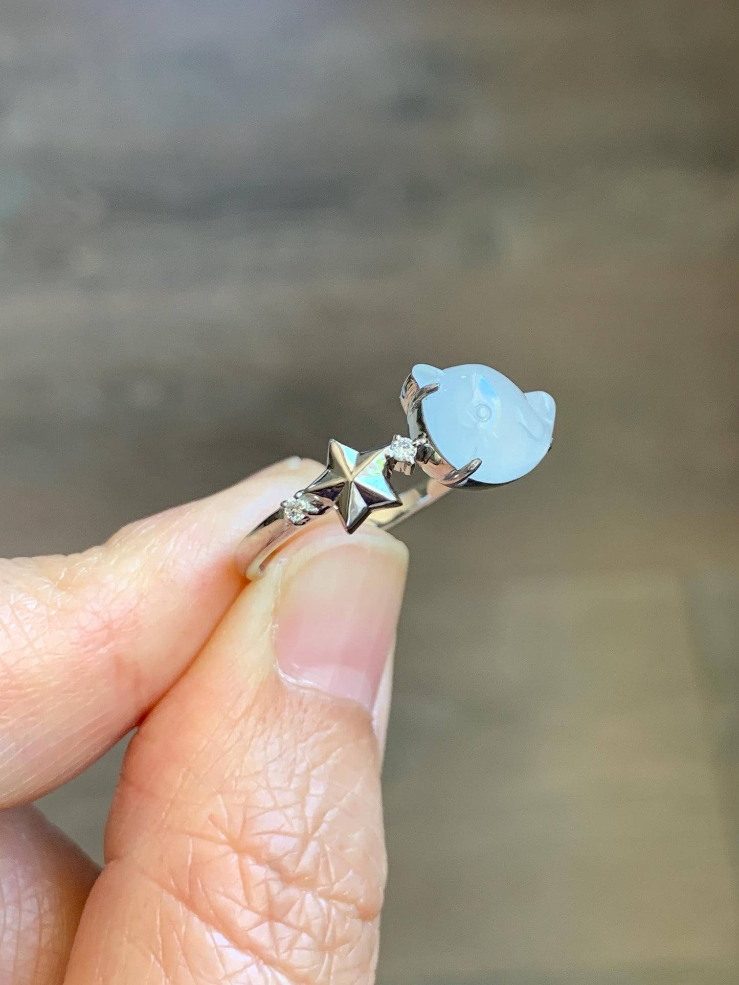 Certified Natural Grade A Icy Translucent White Jade Jadeite Carved Narwhal Unicorn Ring Sterling Silver Size 7.25 US 天然白冰翡翠独角鲸银镶戒指 226