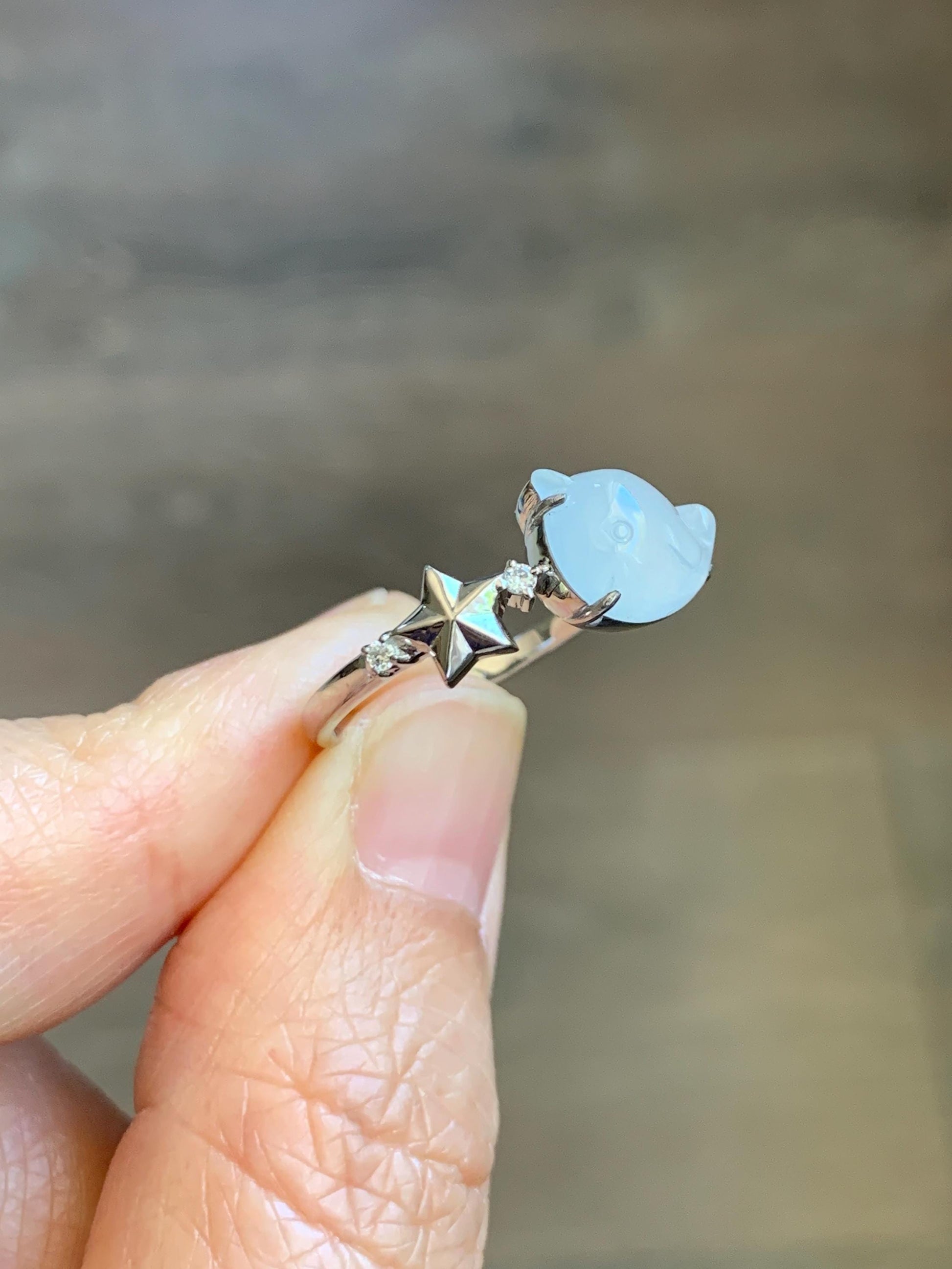 Certified Natural Grade A Icy Translucent White Jade Jadeite Carved Narwhal Unicorn Ring Sterling Silver Size 7.25 US 天然白冰翡翠独角鲸银镶戒指 226