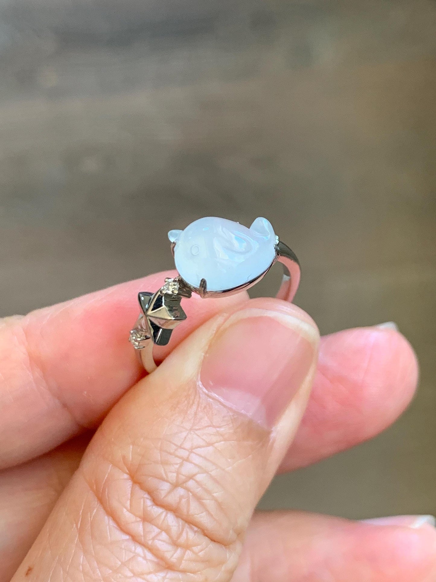 Certified Natural Grade A Icy Translucent White Jade Jadeite Carved Narwhal Unicorn Ring Sterling Silver Size 7.25 US 天然白冰翡翠独角鲸银镶戒指 226